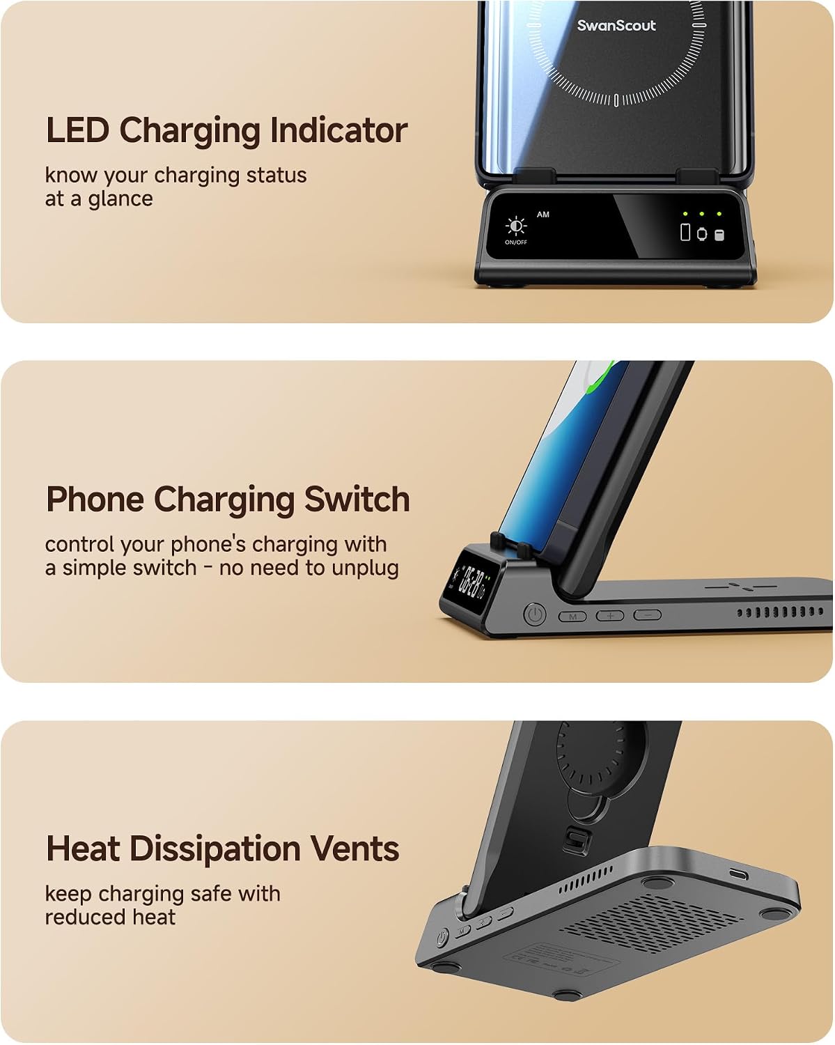 Charging Station for Samsung Phone, Watch & Buds, SwanScout 703S (Black) | Foldable for Travel, Not for Samsung Watch 9/Ultra 2, Works on Nightstand or Desk, Built-in Clock, Adapter Not Included