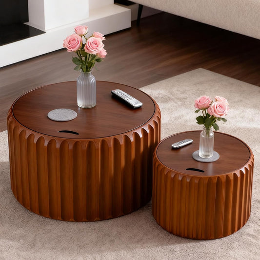 26 inch Round Nesting Coffee Table Set of 2 with Storage, A | For Living Room, Wood Veneer Top, Wood Fluted Texture, Flip-Top Lid, Non-Slip Pads, Nested End Side Table, For Small Space