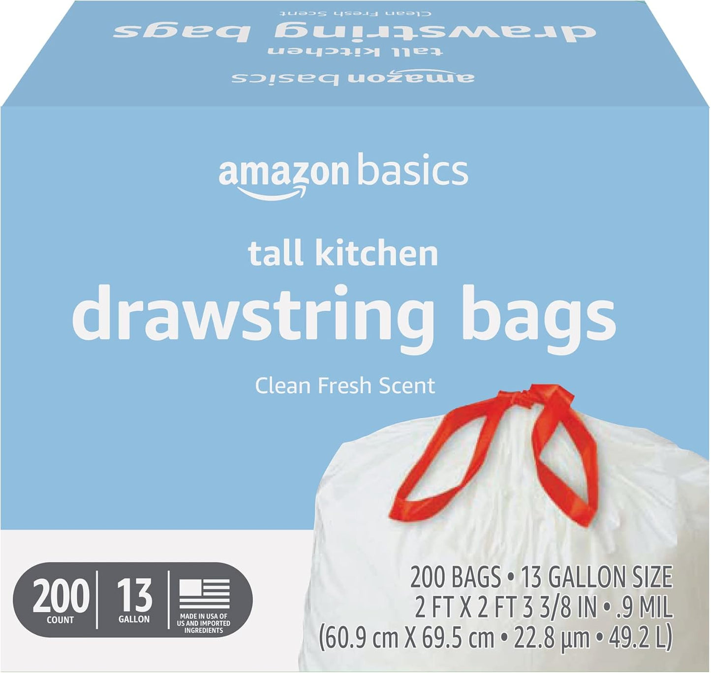 Amazon Basics Tall Kitchen Drawstring Trash Bags, Clean Fresh Scent, 13 Gallon, Odor Control, 0.9 mil Thickness, 80 Count (Previously Solimo)