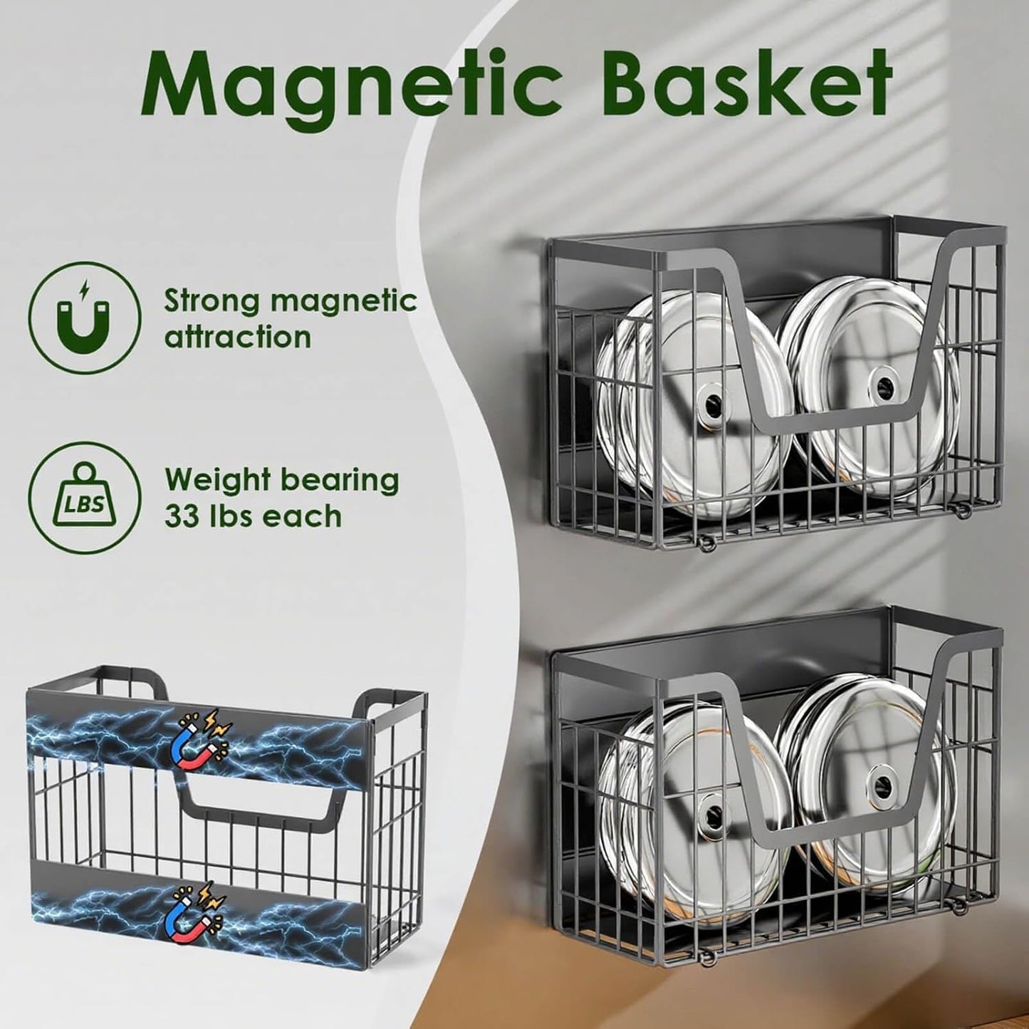 Grey Magnetic Shelf for Fridge, 2 Set Potato and Onion Storage Bins, Magnetic Fruit Basket for Fridge Pantry Organizers & Storage, Magnetic Spice Rack for Refrigerator Kitchen Counter, Cabinet