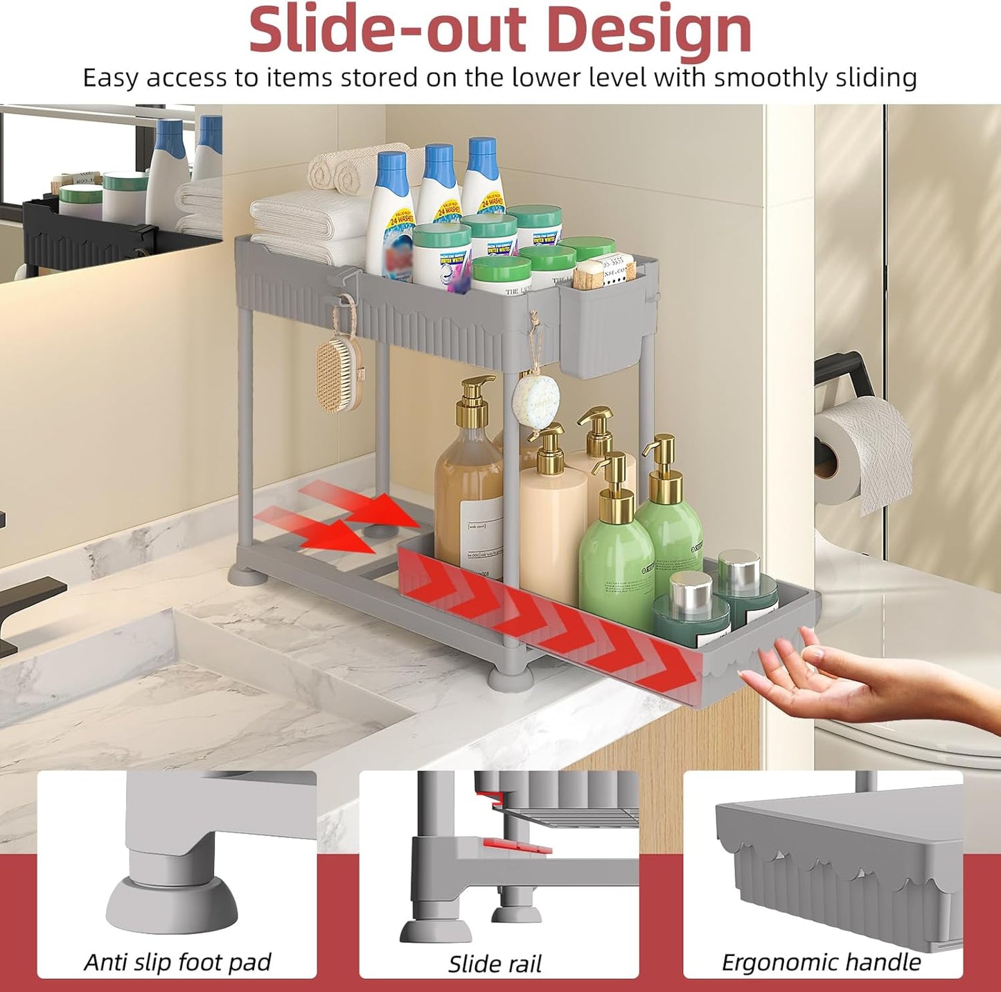 Sevenblue Under Sink Organizer, Bathroom Organizers and Storage, 2 Tier Multi-Use Pull Out Cabinet Organizer with Hang Hooks and Cups (Gray, 4 Pack)