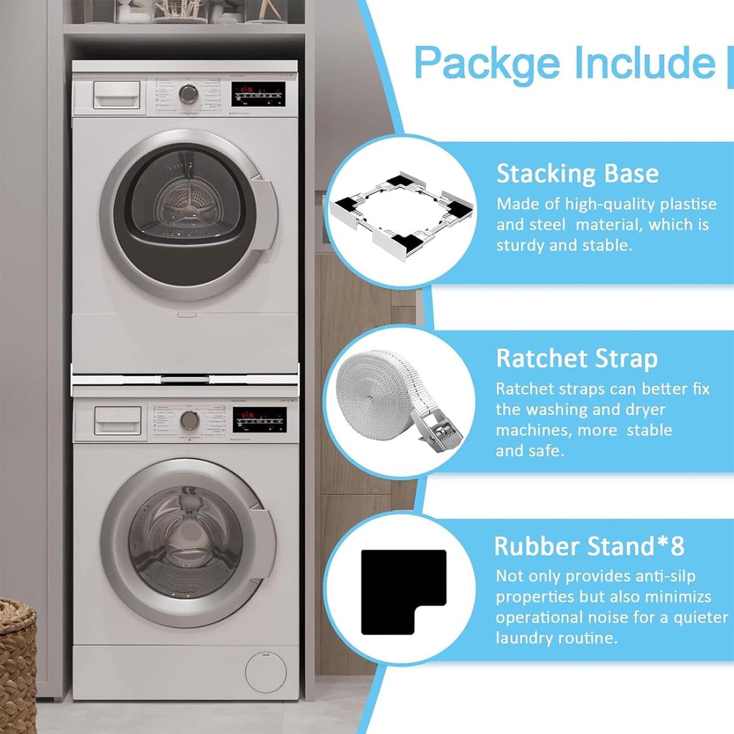 Kiss Core Upgrade Washer Dryer Stacking Kit, Universal Washer Dryer Stacking Kit Adjustable 29/28/27/26/25/24 Inch, Small Space Saving Solution Stacking Kit for Washer and Dryer with Ratchet Strap