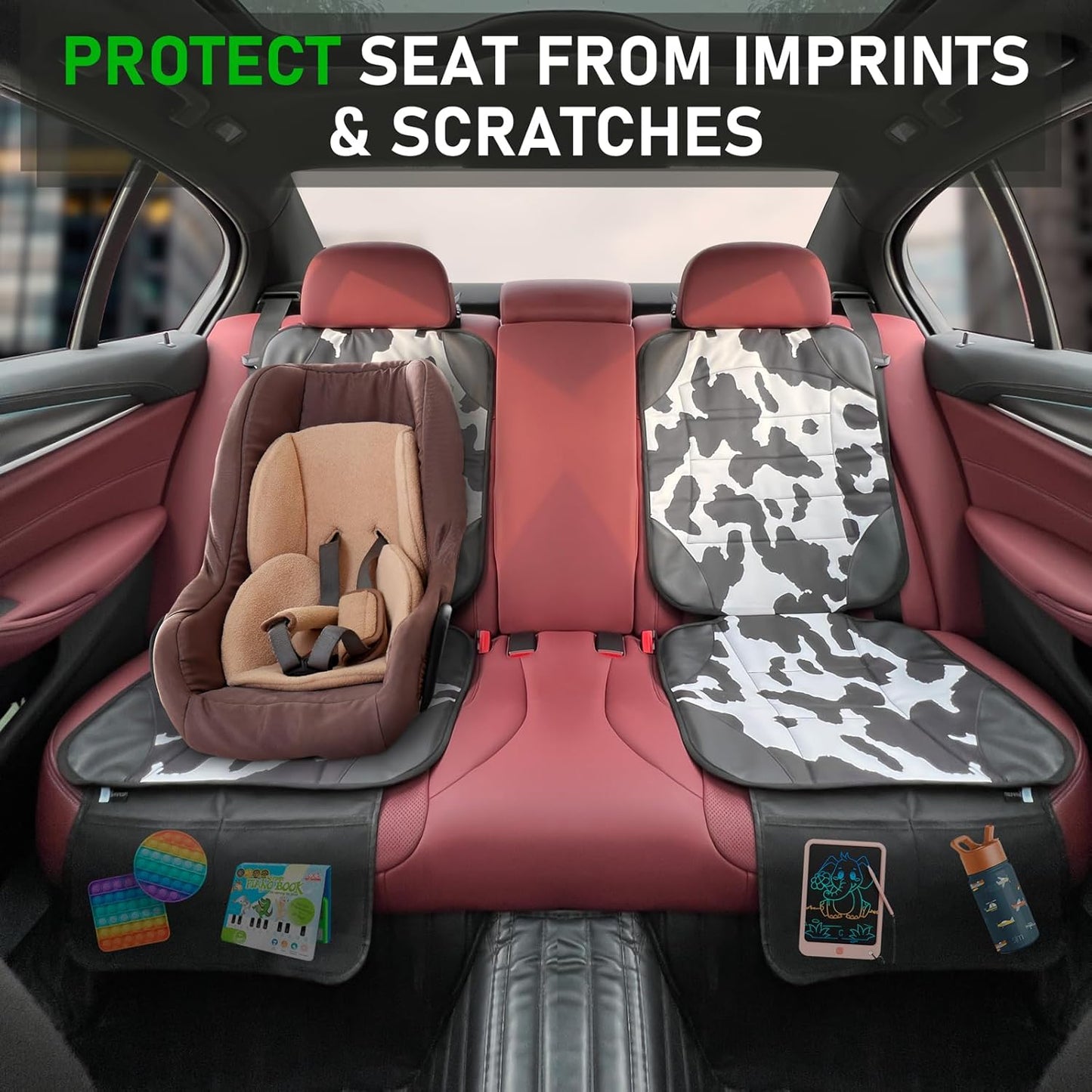 Siivton Car Seat Protector for Child Car Seat,Waterproof Car Seat Cover with Thick Padding, Non-Slip Backing, Protects Fabric & Leather Seats, 2 Mesh Storage Pockets(Cow Print)