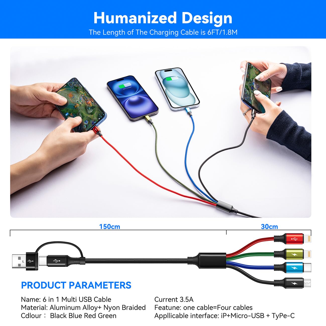 6 in 1 Multiple Charging Cable, 2Pack 6Ft Multi Chargers Cord for All Devices Braided USB A/C to Lightning/Type C/Micro USB Ports Universal Charger Cable for iPhone Series/Samsung/Tablets/PS and More