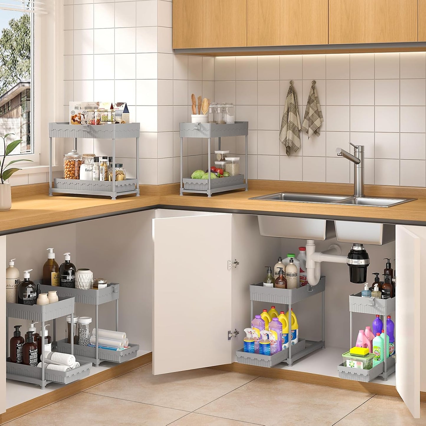 Sevenblue Under Sink Organizer, Bathroom Organizers and Storage, 2 Tier Multi-Use Pull Out Cabinet Organizer with Hang Hooks and Cups (Gray, 4 Pack)