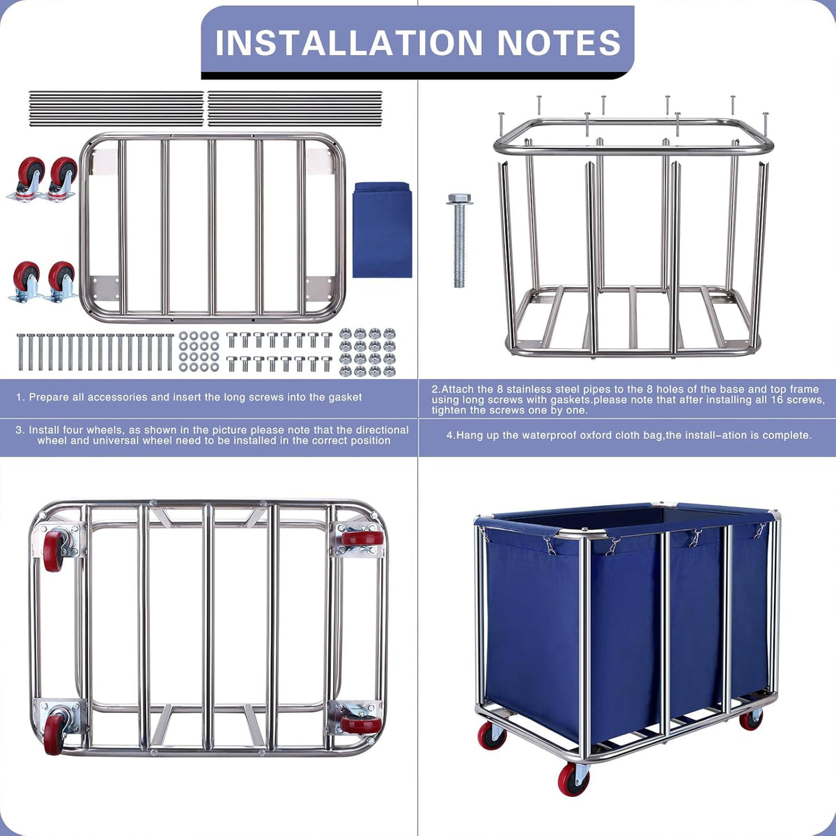 JJSMKCH Commercial Laundry Cart with Wheels, 400L Capacity, Sturdy Steel Frame, Waterproof Oxford Cloth, 330 lbs Load, Blue