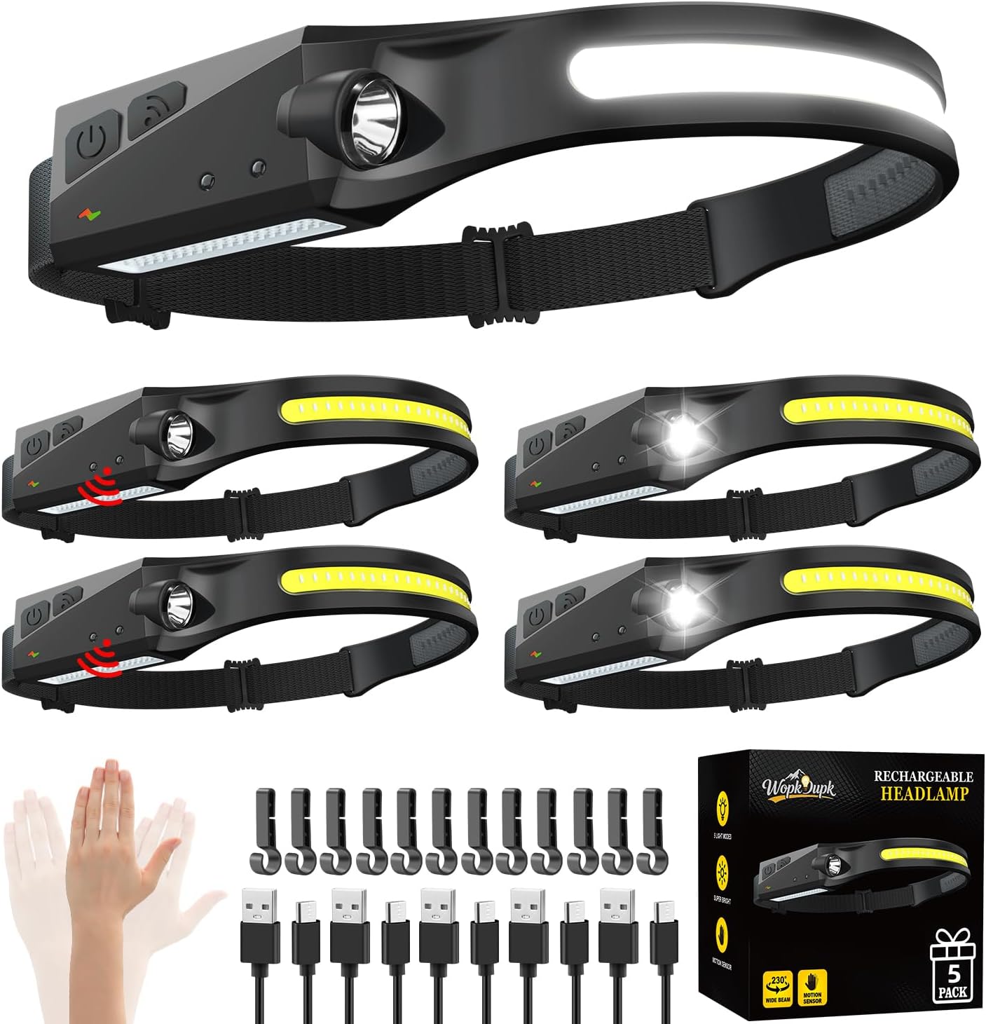 Rechargeable Headlamp 3PCS, 230° Wide Beam Head Lamp, Motion Sensor LED Headlamp Rechargeable, 5Mode Bright Headlamps for Adults, Head Lights for Forehead, Hard Hat Headlight, Camping Essentials Gear