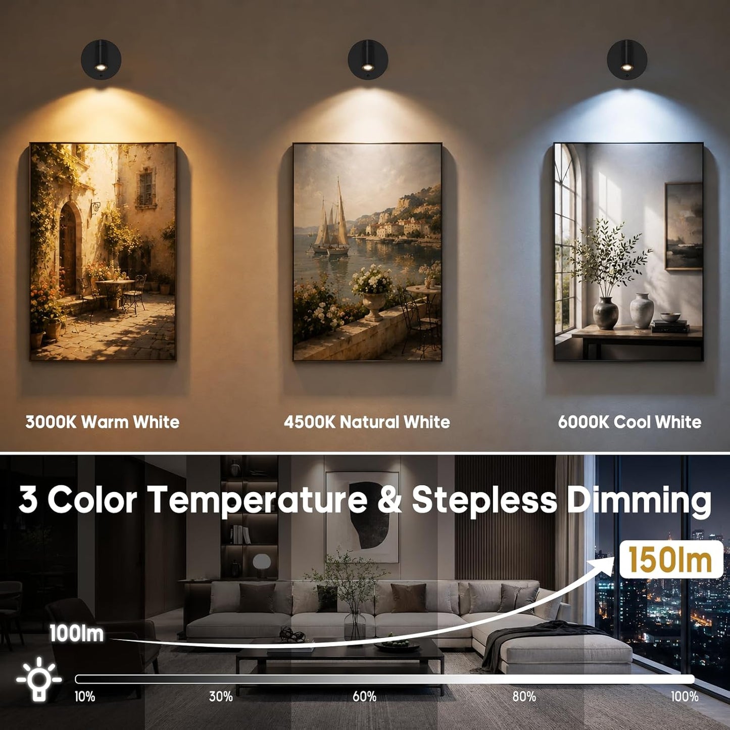 GOODEA Spotlights Indoor with Remote, 5500mAh Rechargeable Battery Plant Spotlight Indoor, Wireless Uplighting with 3 Colors & 24H Cycle Timer, Picture Light for Painting(2 Pack 5500mAh, Black)