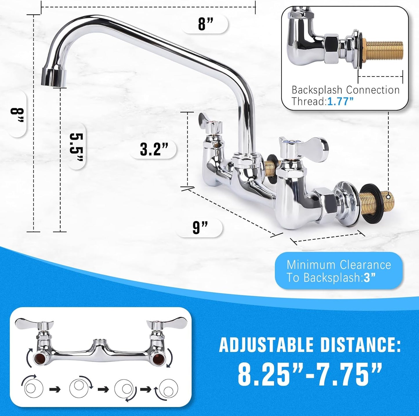 Wall Mount Kitchen Faucet 8" Center Commercial Sink Faucet with 8" Swivel Spout Dual Handles Brass Utility Sink Faucet for Laundry Room Restaurant Polish Chrome