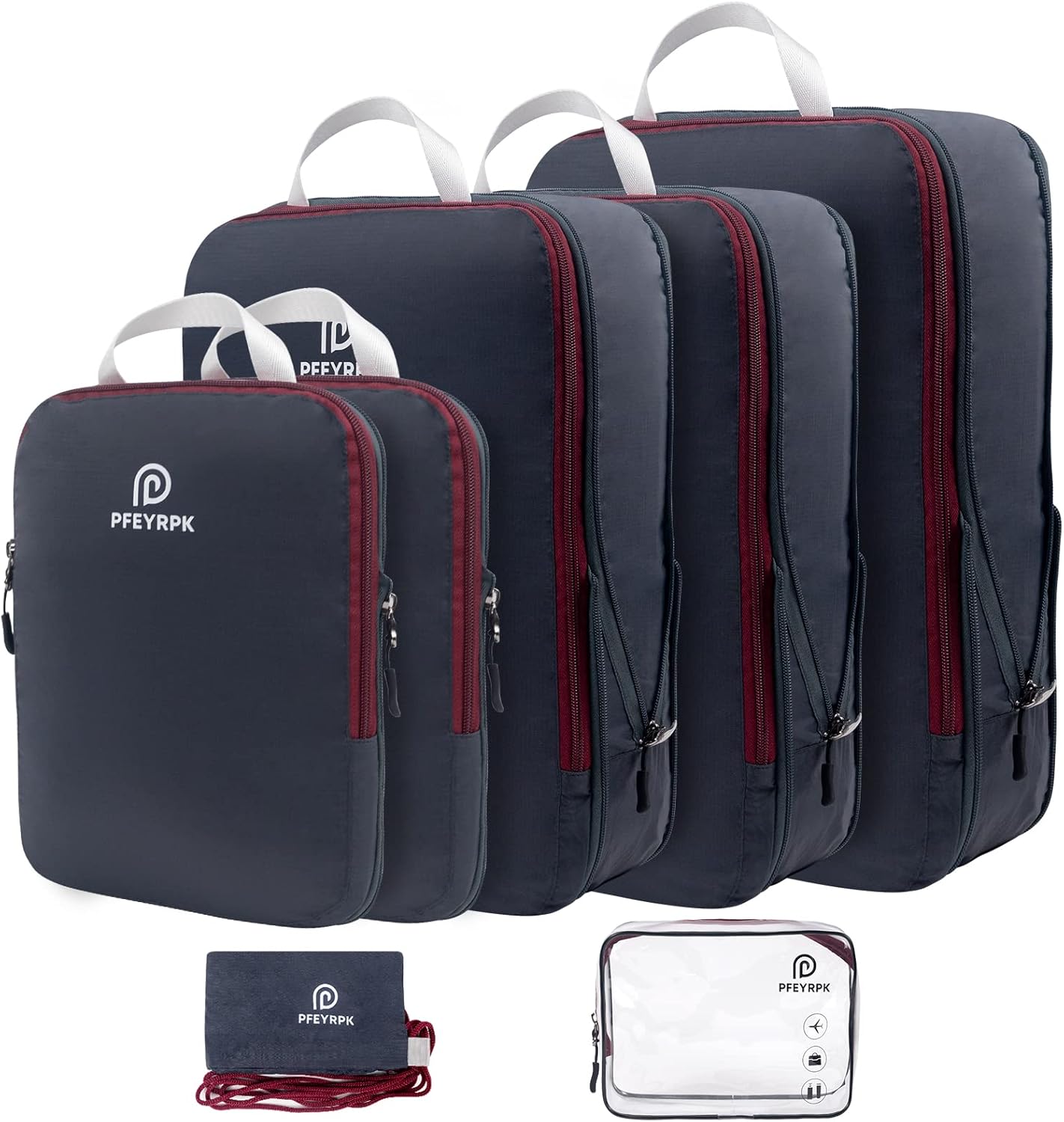 PFEYRPK Lightweight Compression Packing Cubes for Suitcases, Compressible Expandable Travel Packing Organizer with Clear Toiletries and Backpack Bag, Travel Essentials for Carry on Luggage 7 Set