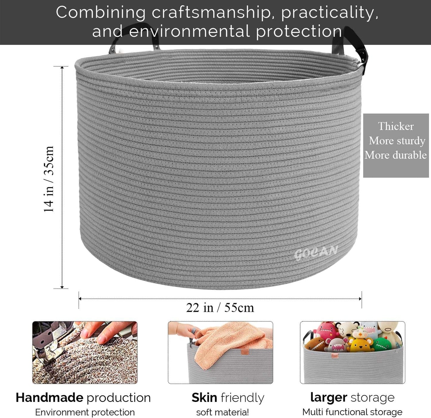 Cotton Rope Woven Laundry Basket 22"X 22"X 14" with handles(Gery) XXXL | Hand-woven, ideal for storing blankets and cushions in the living room, and clothes for household storage.
