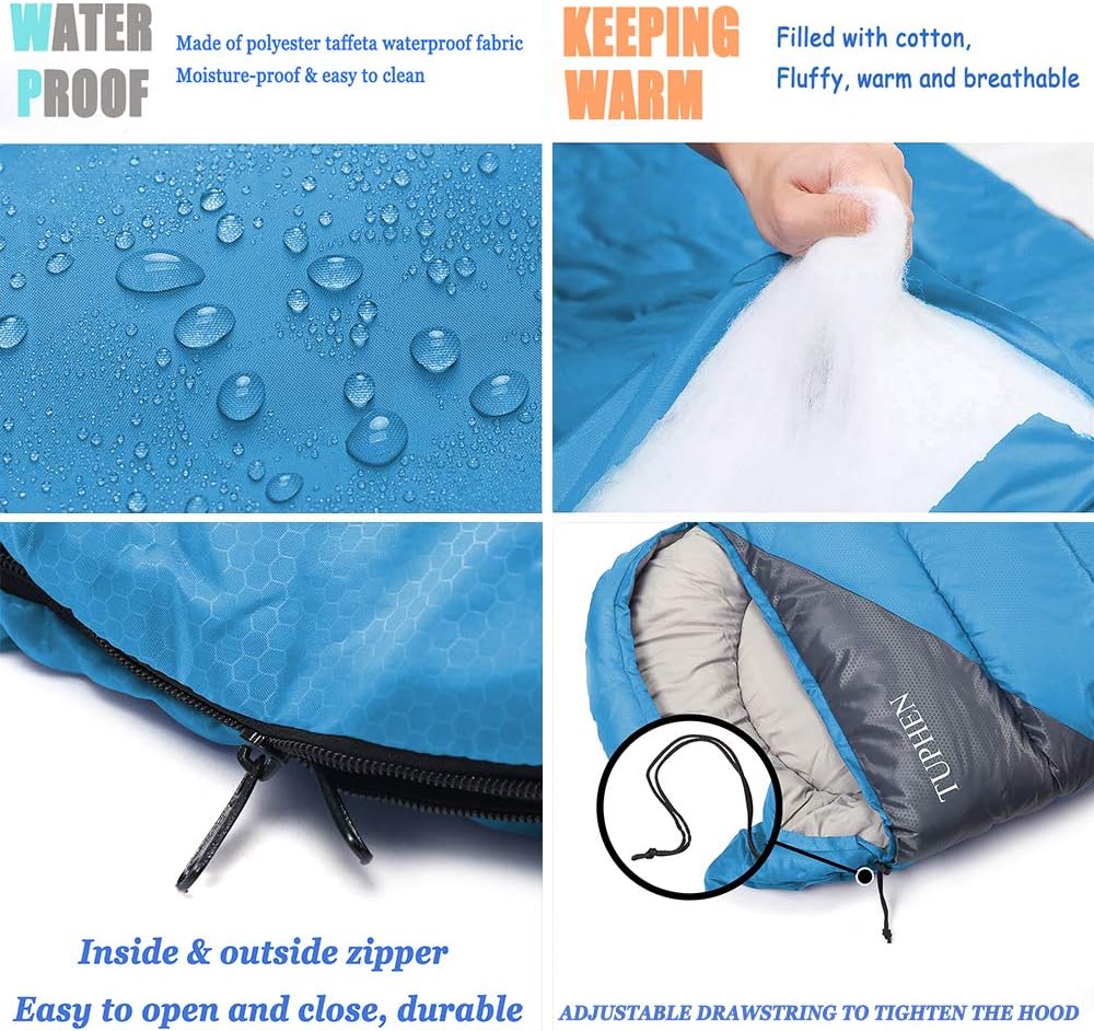 tuphen- Sleeping Bags for Adults Kids Boys Girls Backpacking Hiking Camping Microfiber Liner, Cold Warm Weather 4 Seasons Indoor Outdoor Use, Lightweight & Waterproof