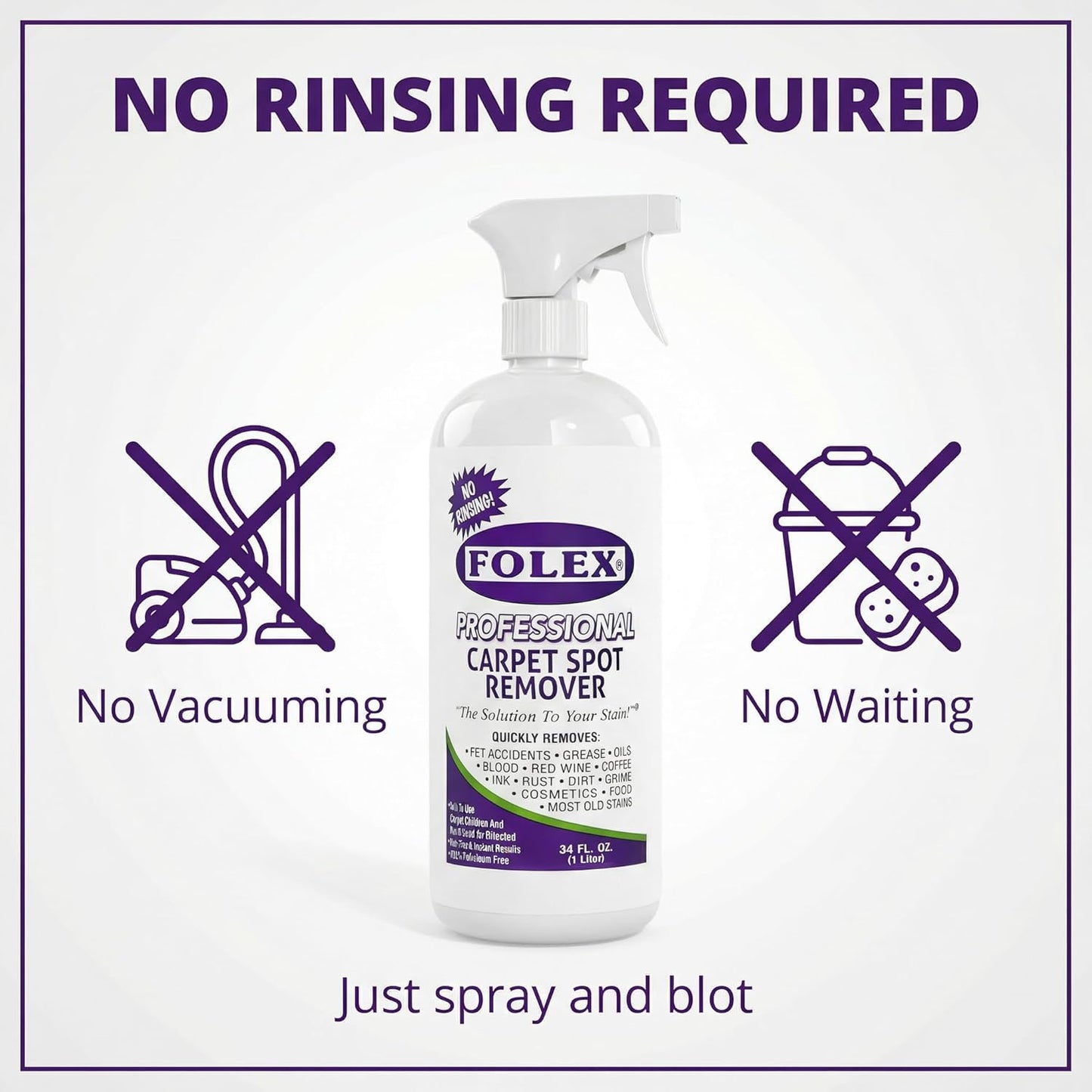 FOLEX - Professional Carpet Cleaner Spray 34 oz - Pet Stain Removal - Instant Stain Removal - No Rinsing Required - Safe for Pets - Works on All Fabrics