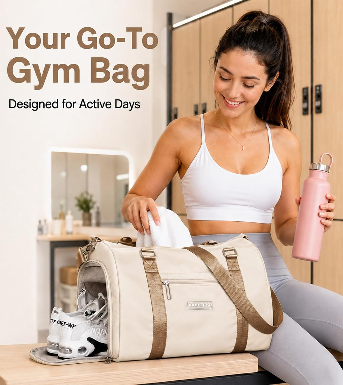 FIORETTO Womens Gym Tote Duffle Bag with Wet Pocket & Shoe Compartment, Sports Duffel Overnight Weekender Hospital Workout Carry on Bag for Girls, Ideal for Travel, Swimming, Dance, Ballet Beige