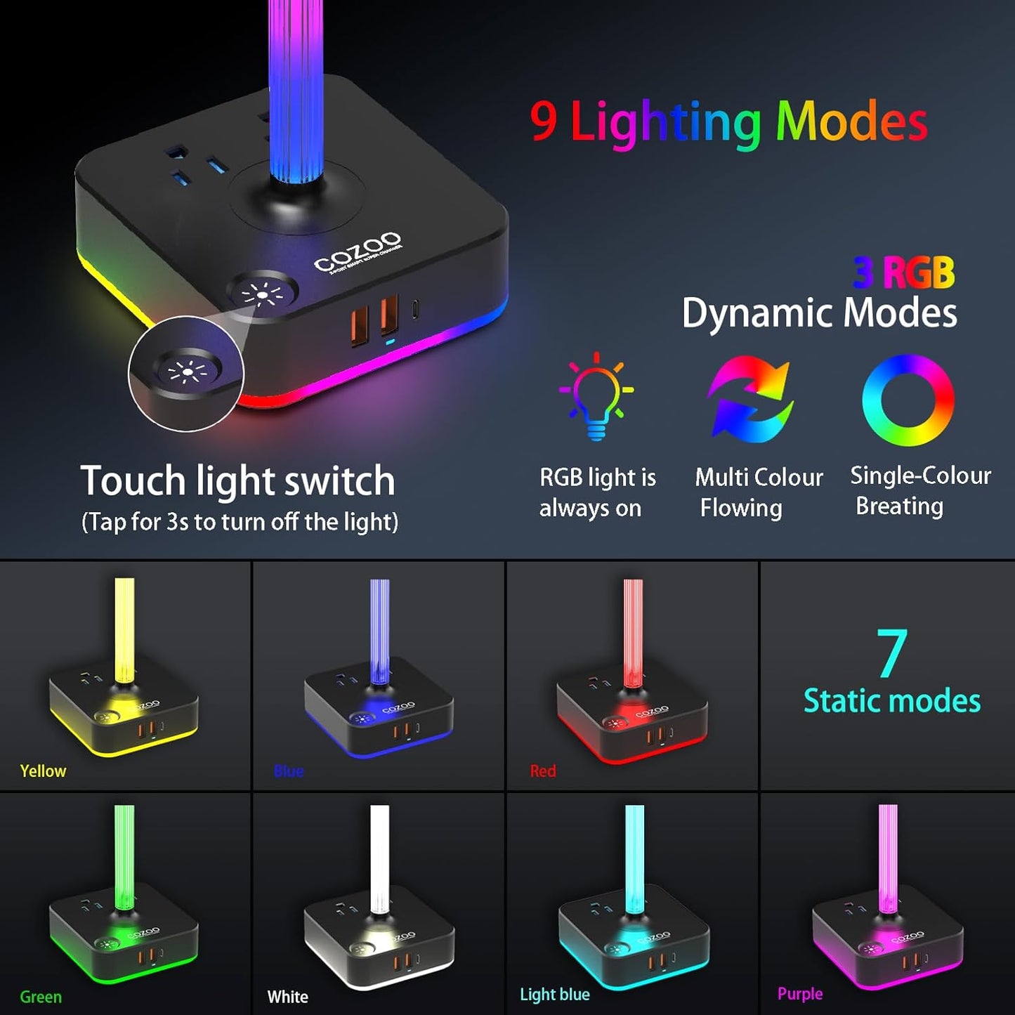 cozoo RGB Headphone Stand with Charger 3 USB Ports and 2 AC Outlets,2 USB-A 1 Type C,Desk Gaming Headset Holder with 9 Light Modes,PC Gaming Desk Accessories,Gamer Gifts,RGB Gaming Stuff Headset Stand
