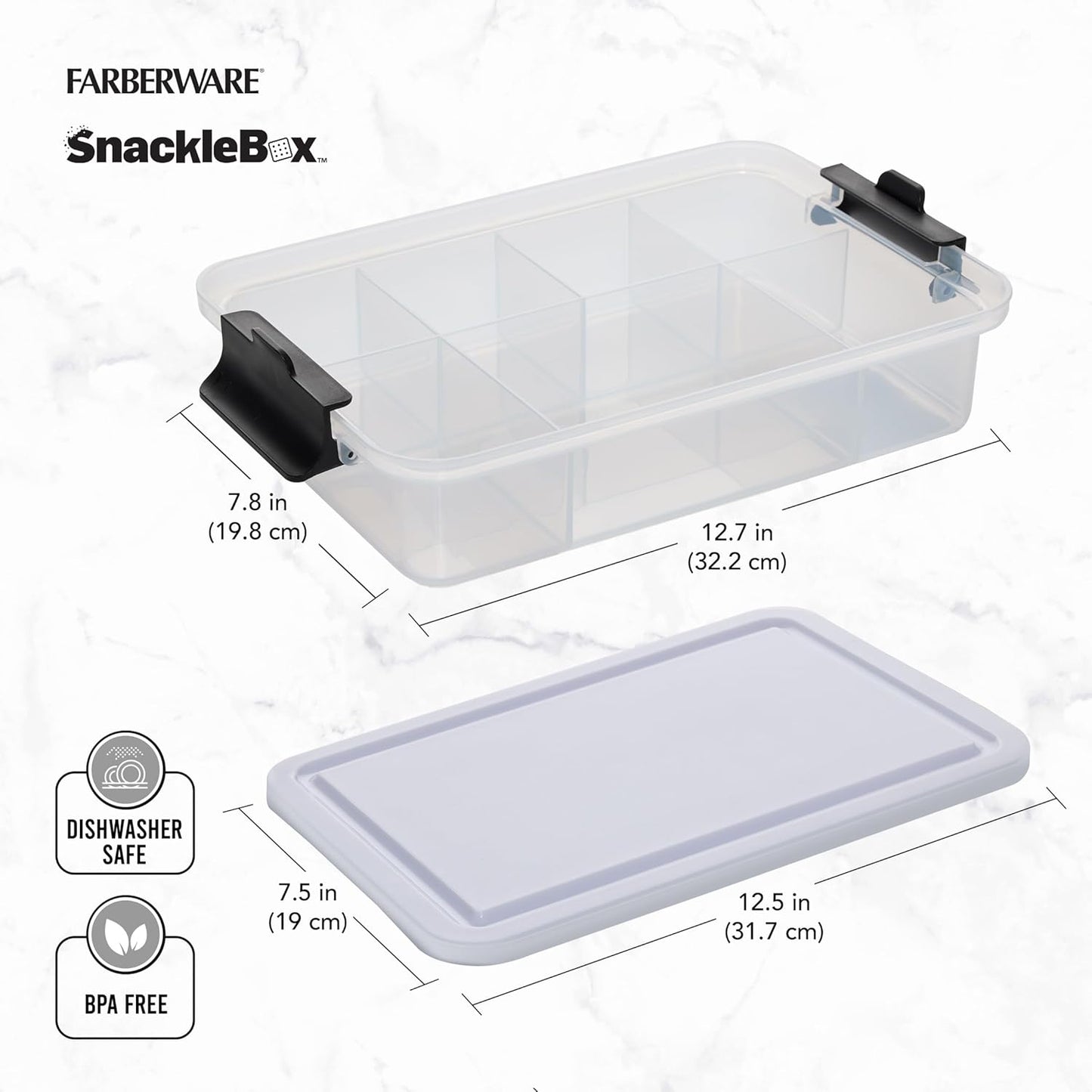 Farberware Small Build-a-Board Snacklebox with Locking Plastic Cutting Board Lid, Portable Charcuterie Storage with 7 Compartments