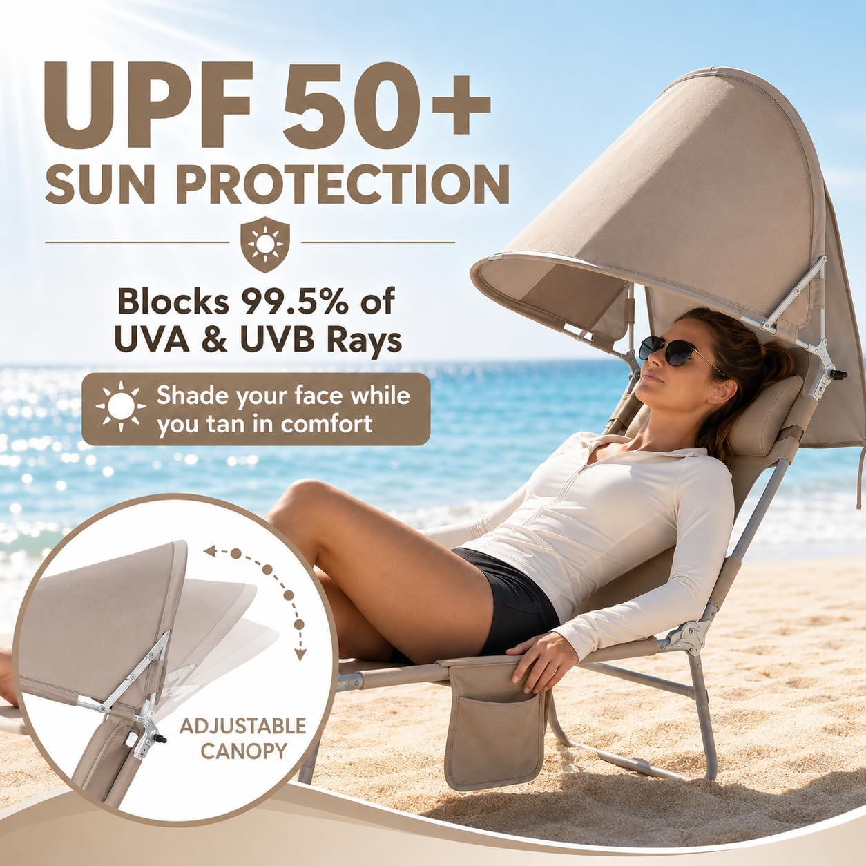 Backpack Beach Tanning Lounge Chair with Canopy Shade Face Hole Padded Adjustable Washable, 6 Position Layout Chair for Outside Sunbathing Poolside Lawn, UPF 50+ Wind-Resistant Sun Shade, Patented