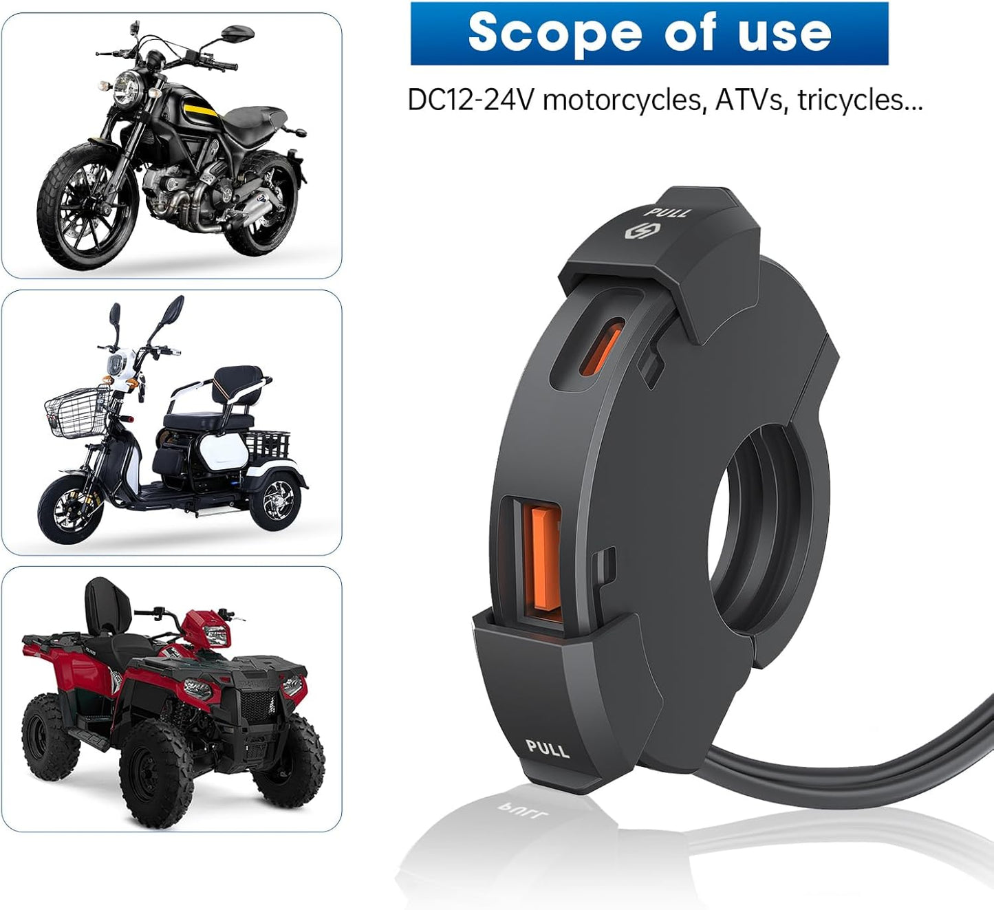BlueFire Motorcycle USB Charger, Dual Motorcycle Handlebar Socket, USB QC3.0 Type-C 30W PD Fast Car Charger Power Adapter Charger Voltmeter for Phones/Tablets/GPS