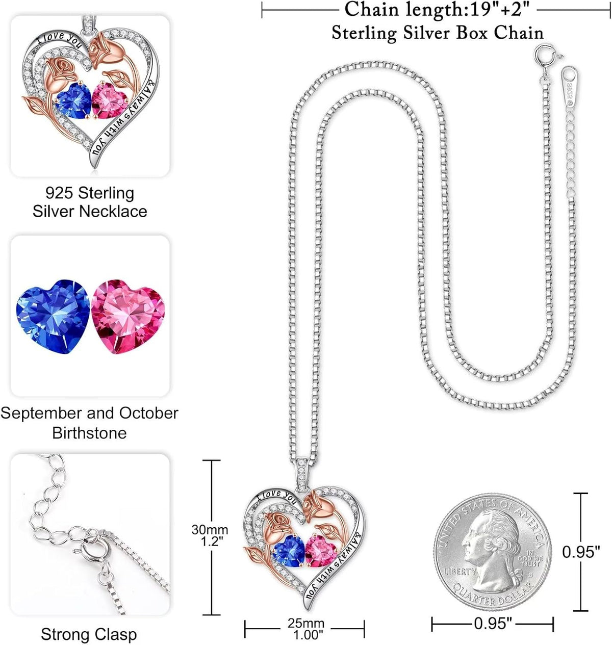 Iefil Birthstone Necklace for Women - Rose Heart Necklace