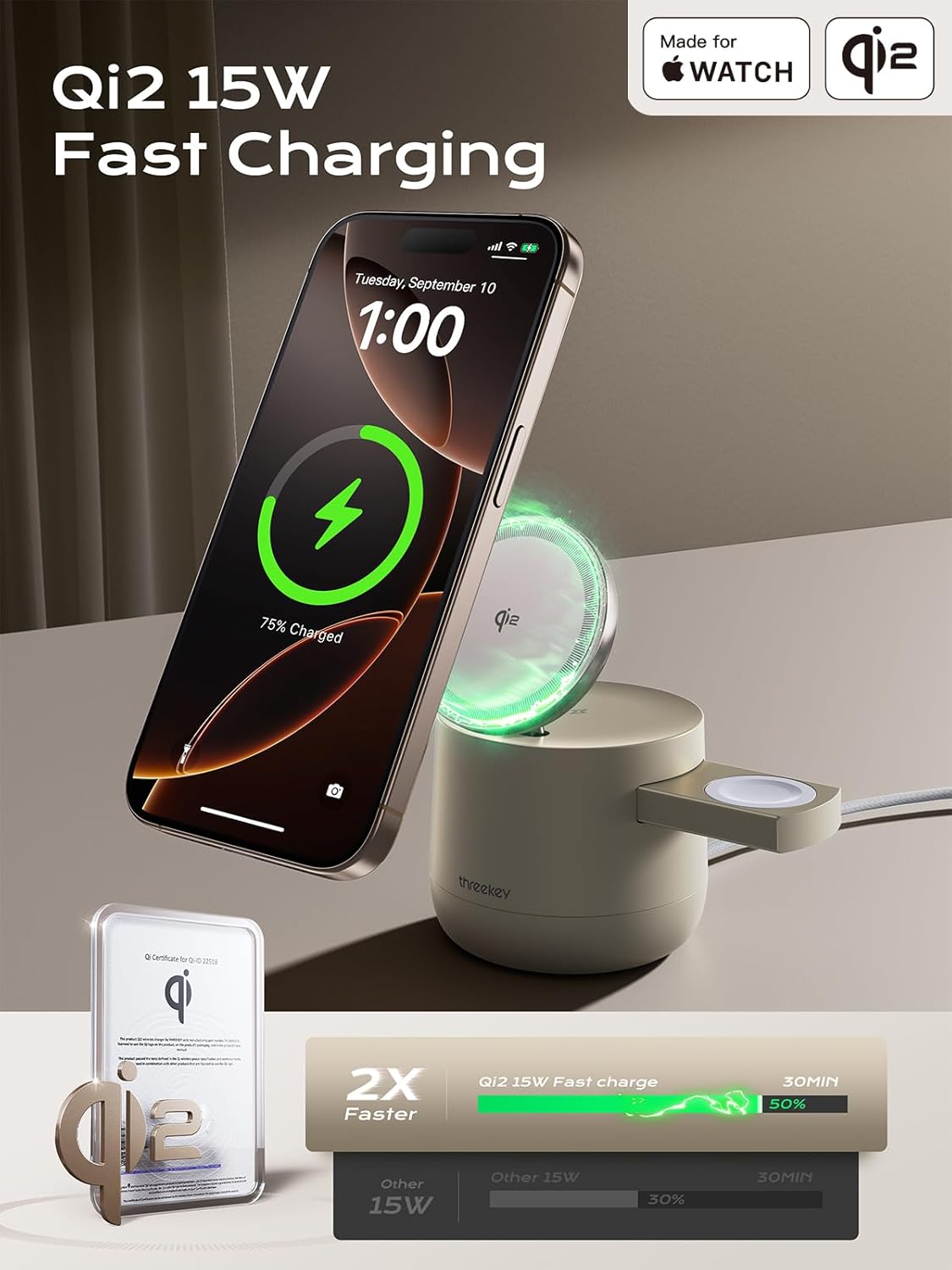 THREEKEY 4 in 1 Qi2 Magnetic Wireless Charging Station, 15W Fast Charger with Made for Apple Watch Charging Module, for iPhone 17–12 Series & AirPods, 65W Adapter Included