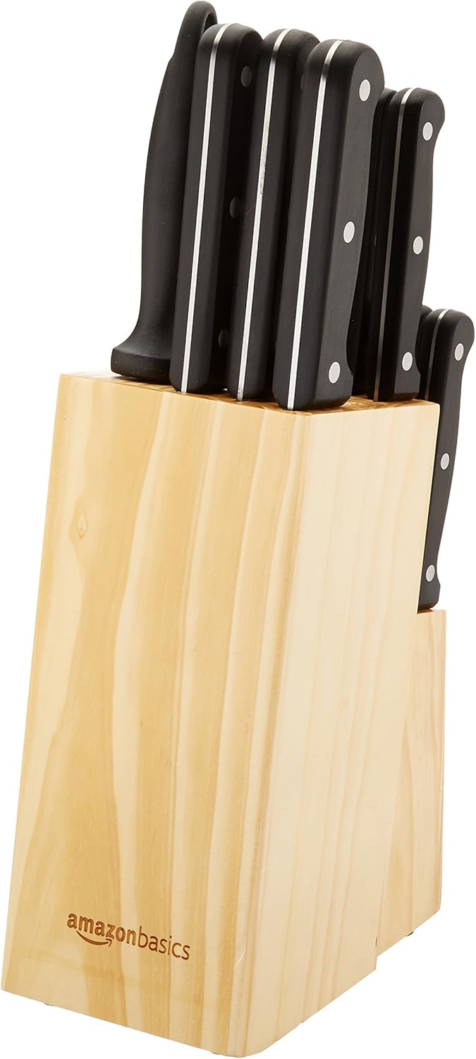 Amazon Basics 14-Piece High Carbon Stainless Steel Kitchen Knife Set with Full Tang Construction, Ergonomic Handles, Sharpener and Pinewood Block, Black