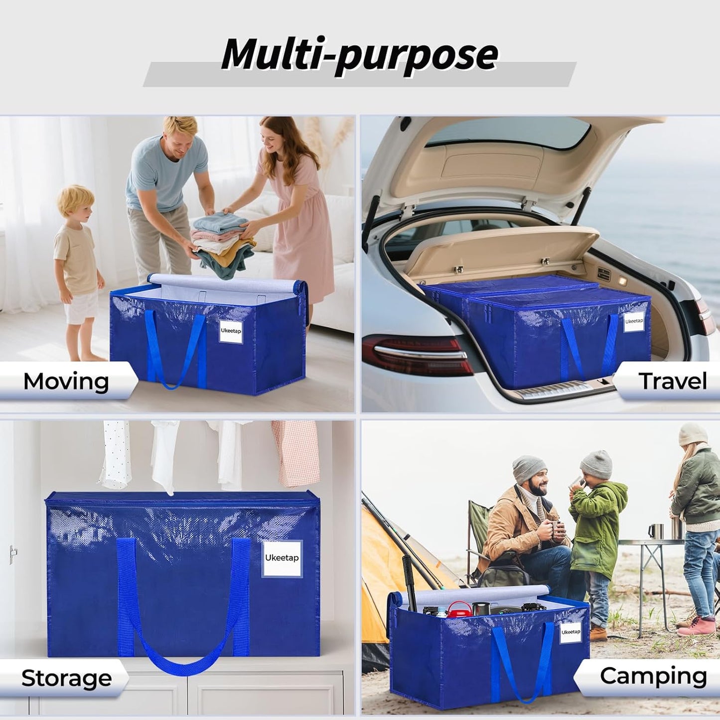 8 Pack Extra Large Heavy Duty Moving Bags, Blue Storage Bins with Lids, Reinforced Handles & Heavy-Duty Zippers Moving Boxes Storage Bags Totes for Clothes Packing, Dorms, College Supplies, Blue