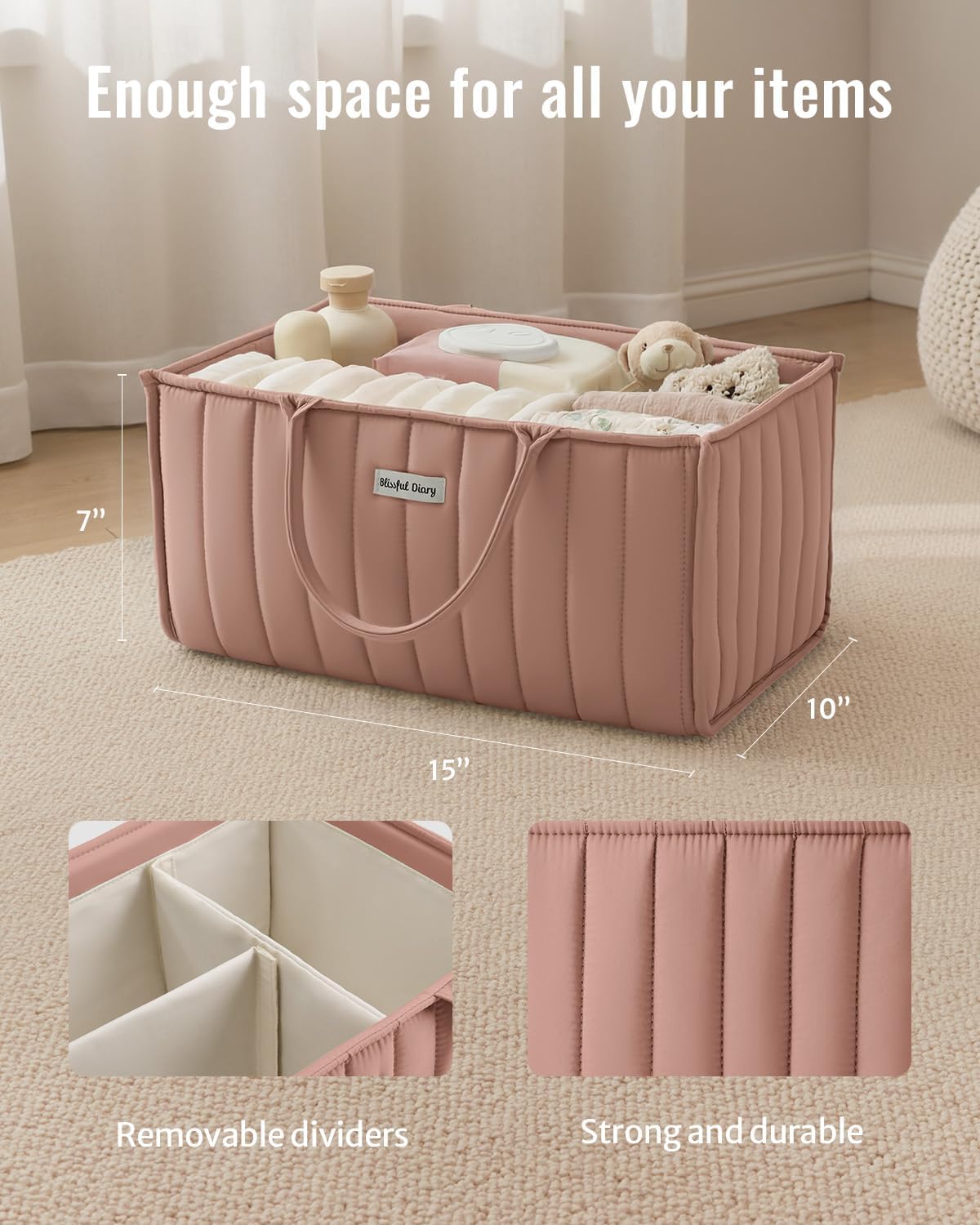 Blissful Diary Baby Diaper Caddy Organizer, Stylish Storage Basket for Newborn Essentials and Diaper Station, Gift for Baby Shower and Registry Must-Have, Blush Pink