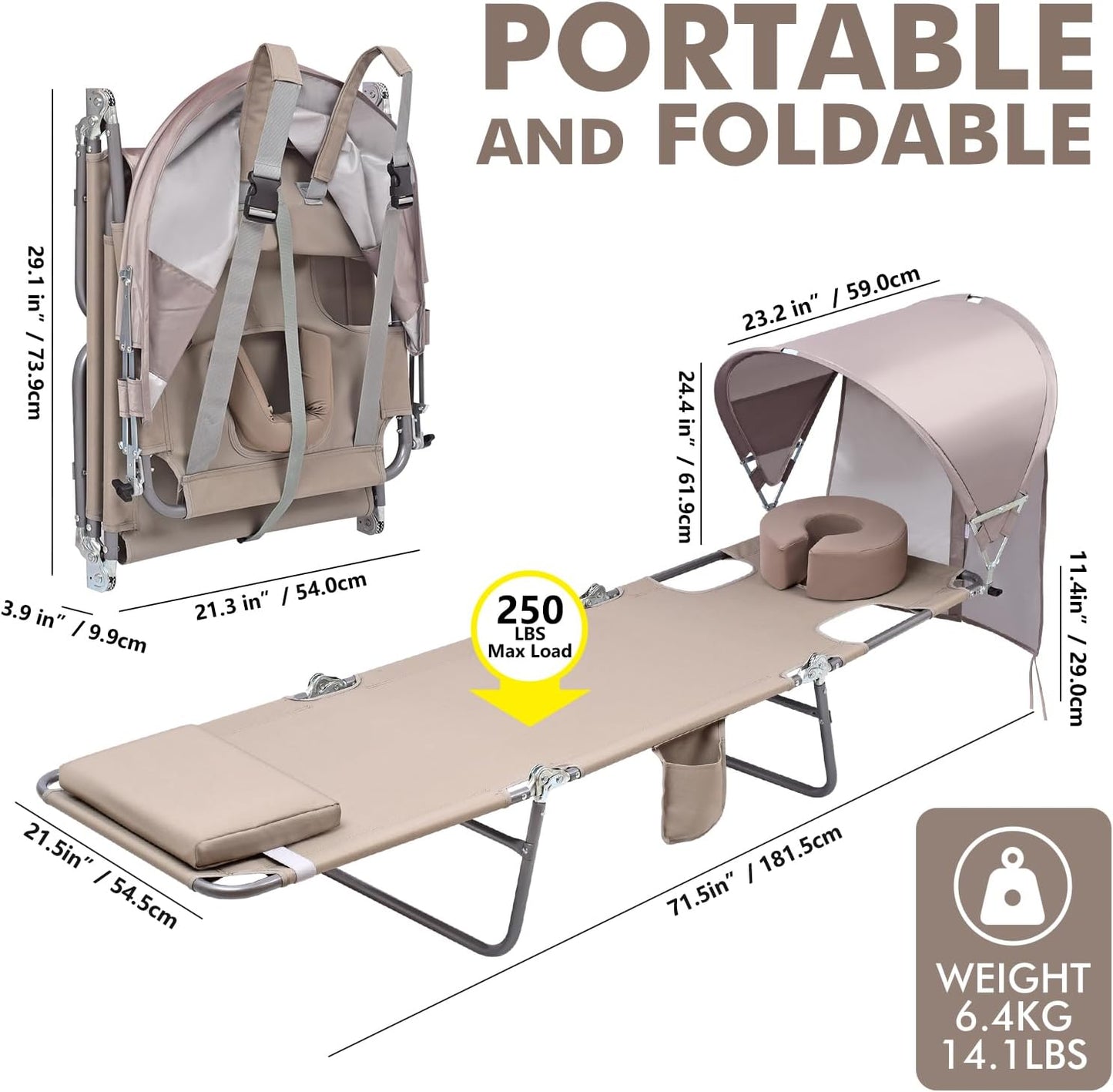 Backpack Beach Tanning Lounge Chair with Canopy Shade Face Hole Padded Adjustable Washable, 6 Position Layout Chair for Outside Sunbathing Poolside Lawn, UPF 50+ Wind-Resistant Sun Shade, Patented