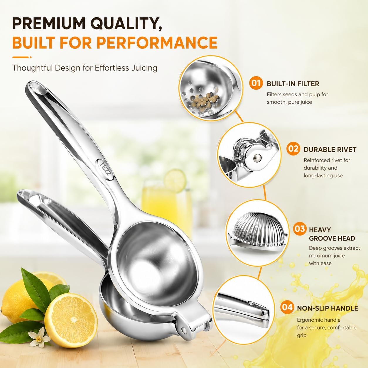 TEZZ Premium Lemon Squeezer, Large Heavy Duty Handhelp Juicer for Lemon, Metal Hand Press Citrus Juicer, Lime Squeezer Bar Tool, Manual Citrus Press