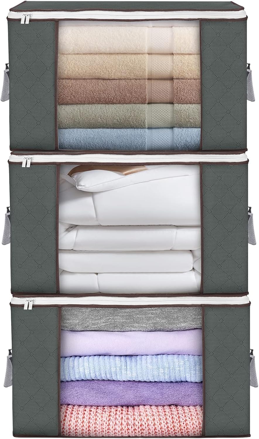 90 L Large Storage Bags, 6 Pack Clothes Storage Bins Foldable Closet Organizers Storage Containers with Reinforced Handle for Clothing, Blanket, Comforters, Bed Sheets, Pillows and Toys (Gray)