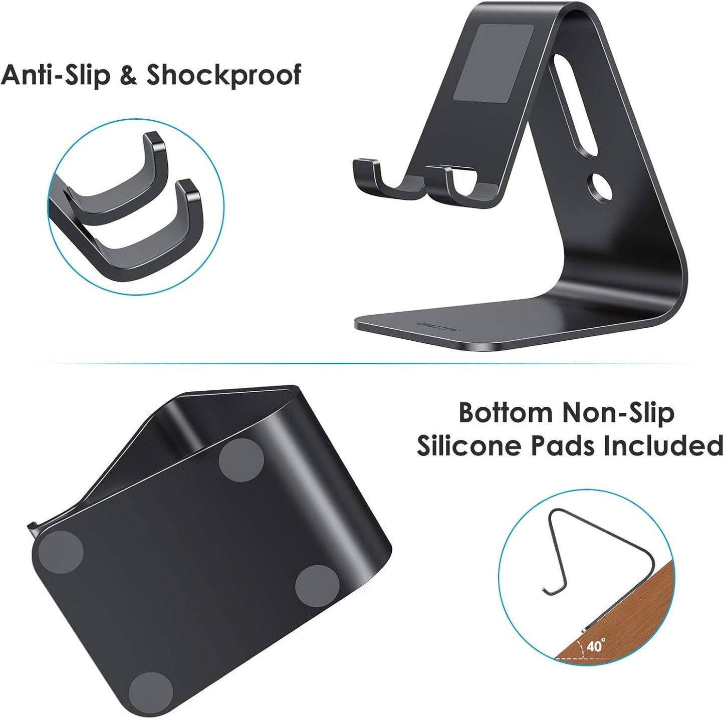 OMOTON Upgraded Aluminum Cell Phone Stand, C1 Durable Cellphone Dock with Protective Pads, Smart Stand Designed for iPhone 17 Air, 16/15/14/13 Pro Max XR XS, iPad mini, Android Phones, Black