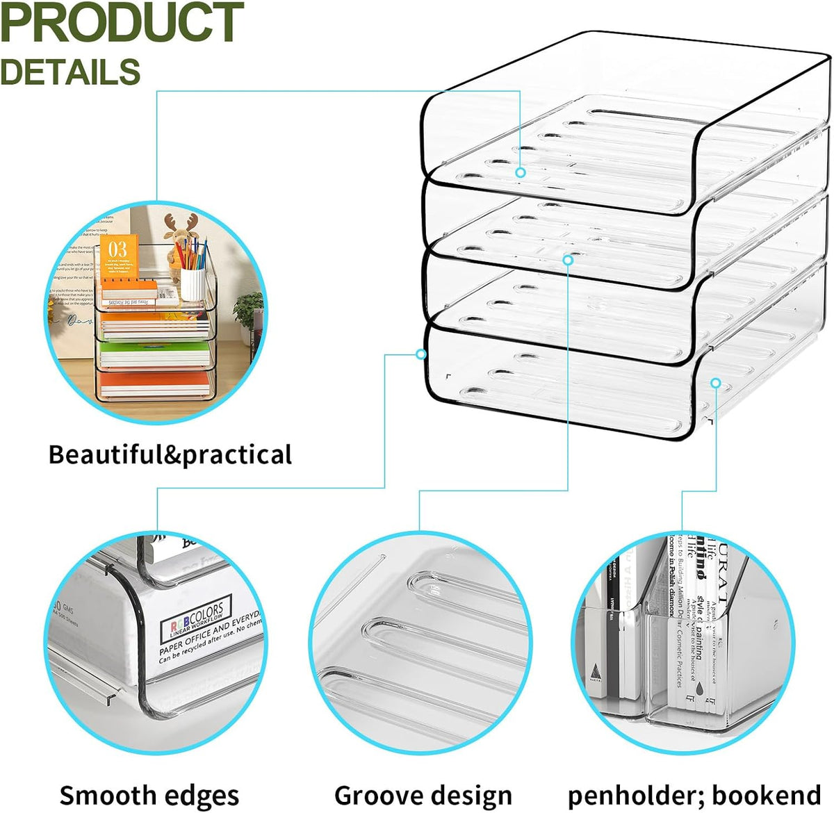 FANXIYQ 4-Tier Acrylic Paper Tray Organizer, Clear Stackable Desk File Organizer for Documents, Files, Letters, A4 Paper, Books, Notes, Mail & Paper Storage, Office Classroom Home