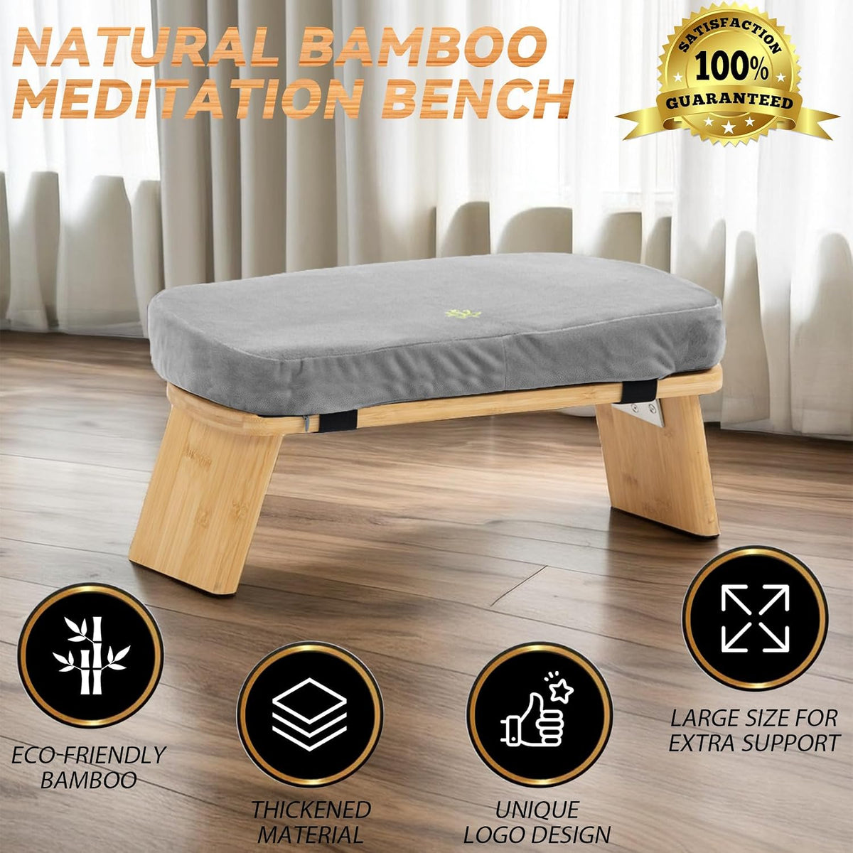 Meditation Bench, Bamboo Meditation Stool, Folding Kneeling Meditation Bench, Seiza Prayer Bench, Prayer Bench with Meditation Cushion, Kneeling Stool (Grey)