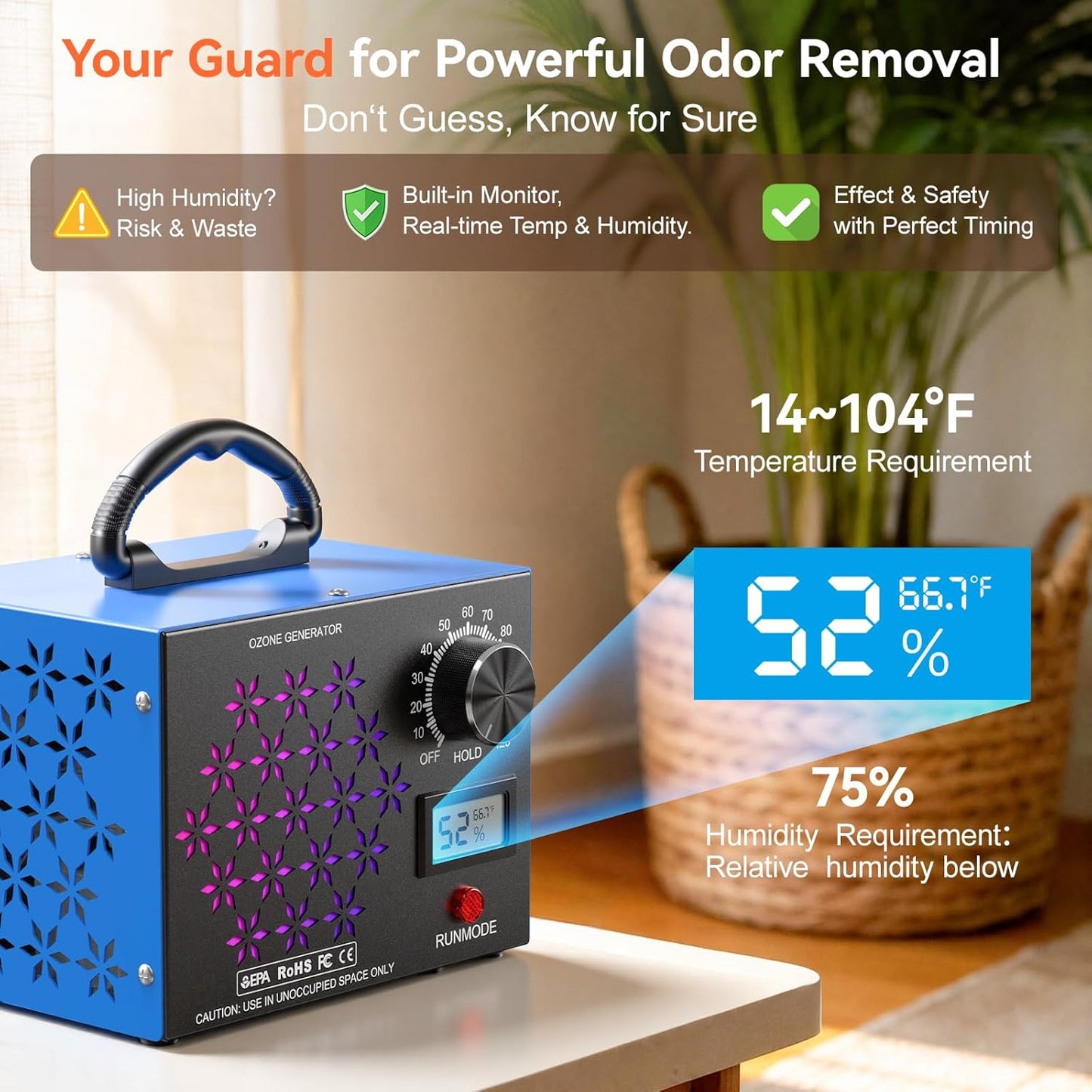 120,000mg/h Ozone Generator Machine with Temp/Humidity Display, Triple Side Vents for Enhanced Airflow - Faster & Wider Ozone Odor Eliminator Air Purifier for Home Car Pets, Up to 6000 Sqft, Blue