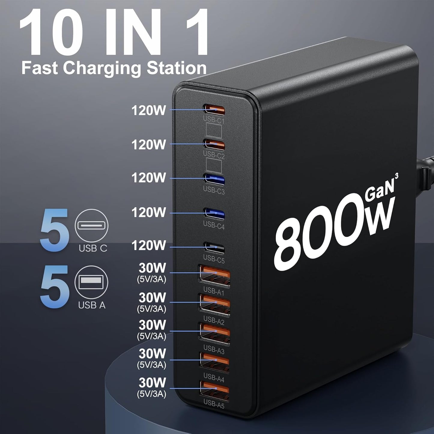 800W USB C Charger Block,10-Port GaN Charging Station | Aexhend Fast Charging Type C & USB A Wall Charger Adapter for MacBook Pro/Air,iPhone,iPad,Dell XPS, Galaxy (Bright Black)