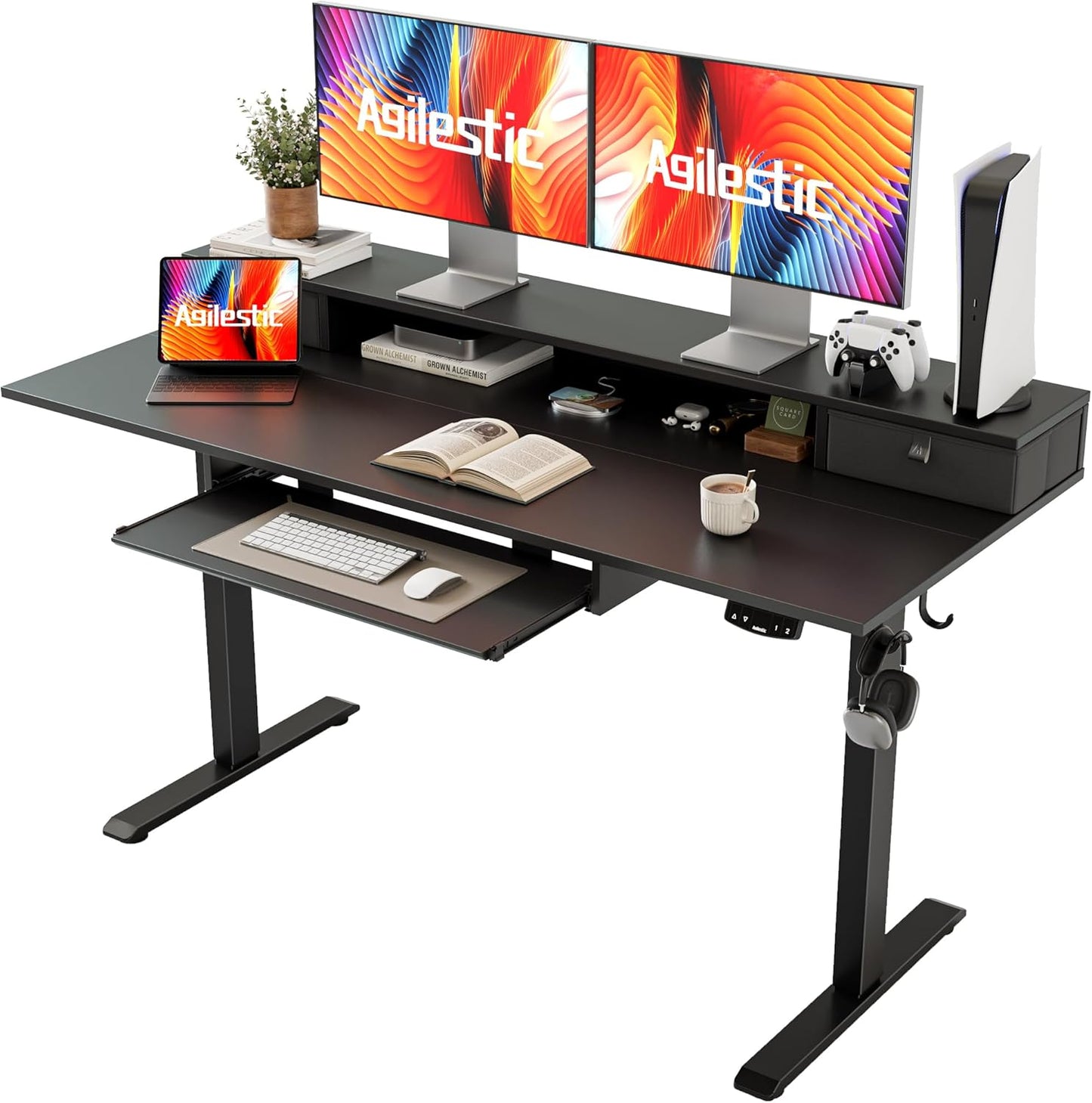 Agilestic 55 x 24 Inches Height Adjustable Electric Standing Desk with 2 Drawers, Stand Up Electric Desk Adjustable Height, Sit Stand Computer Gaming Table with Splice Board, Rustic Brown
