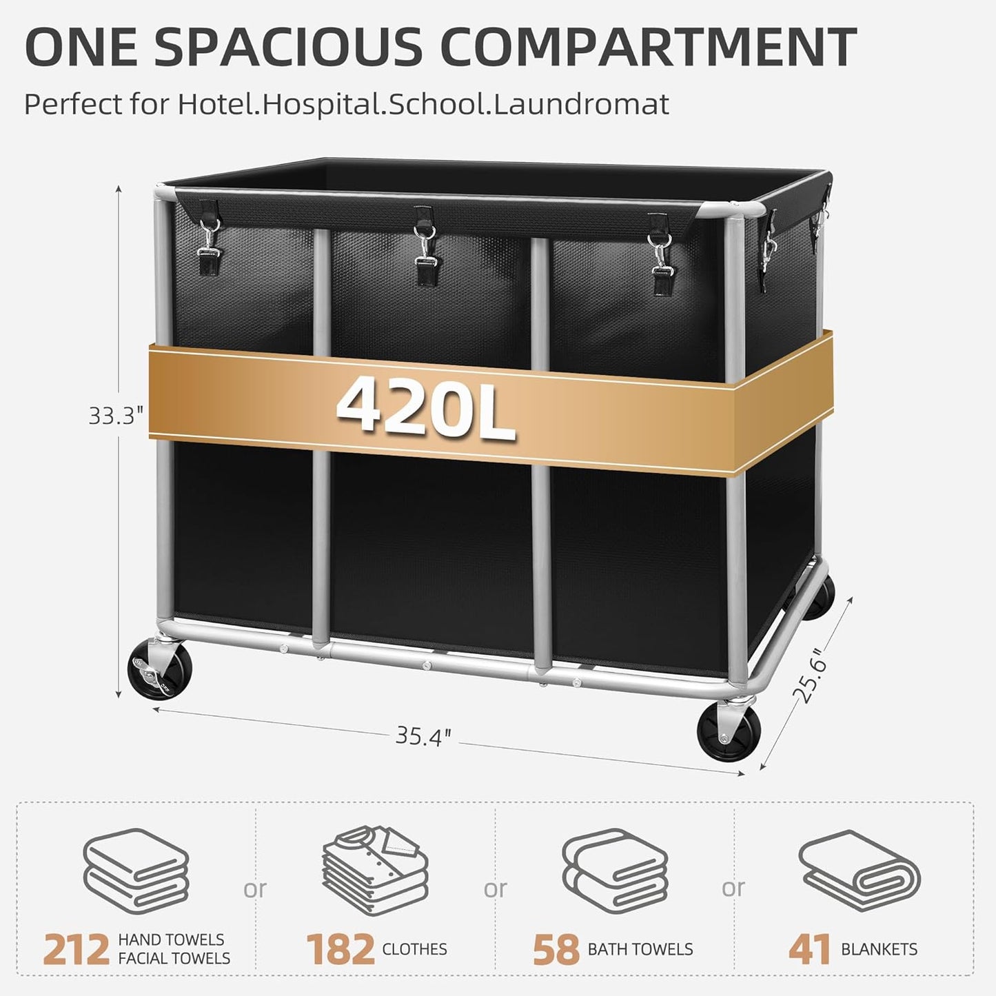 STORAGE MANIAC Commercial Laundry Cart with Wheels 420L Sturdy Steel Frame Heavy Duty Rolling Laundry Hamper on Wheels Big Laundry Basket with Removable Waterproof Liner Bag, 400 lbs Load, Black