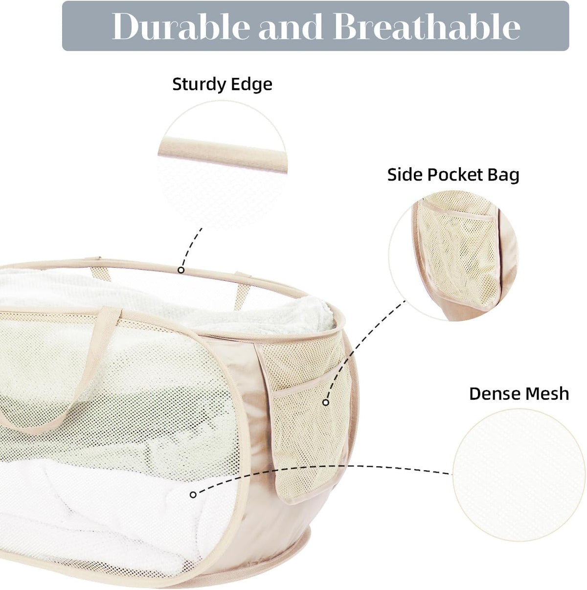 Durable Collapsible Laundry Baskets, Mesh Pop Up Laundry Hamper with Side Pocket, Foldable Clothes Hamper with Reinforced Carry Handles for Laundry, Bathroom, Kids Room, Dorm or Travel 2 Pack Beige
