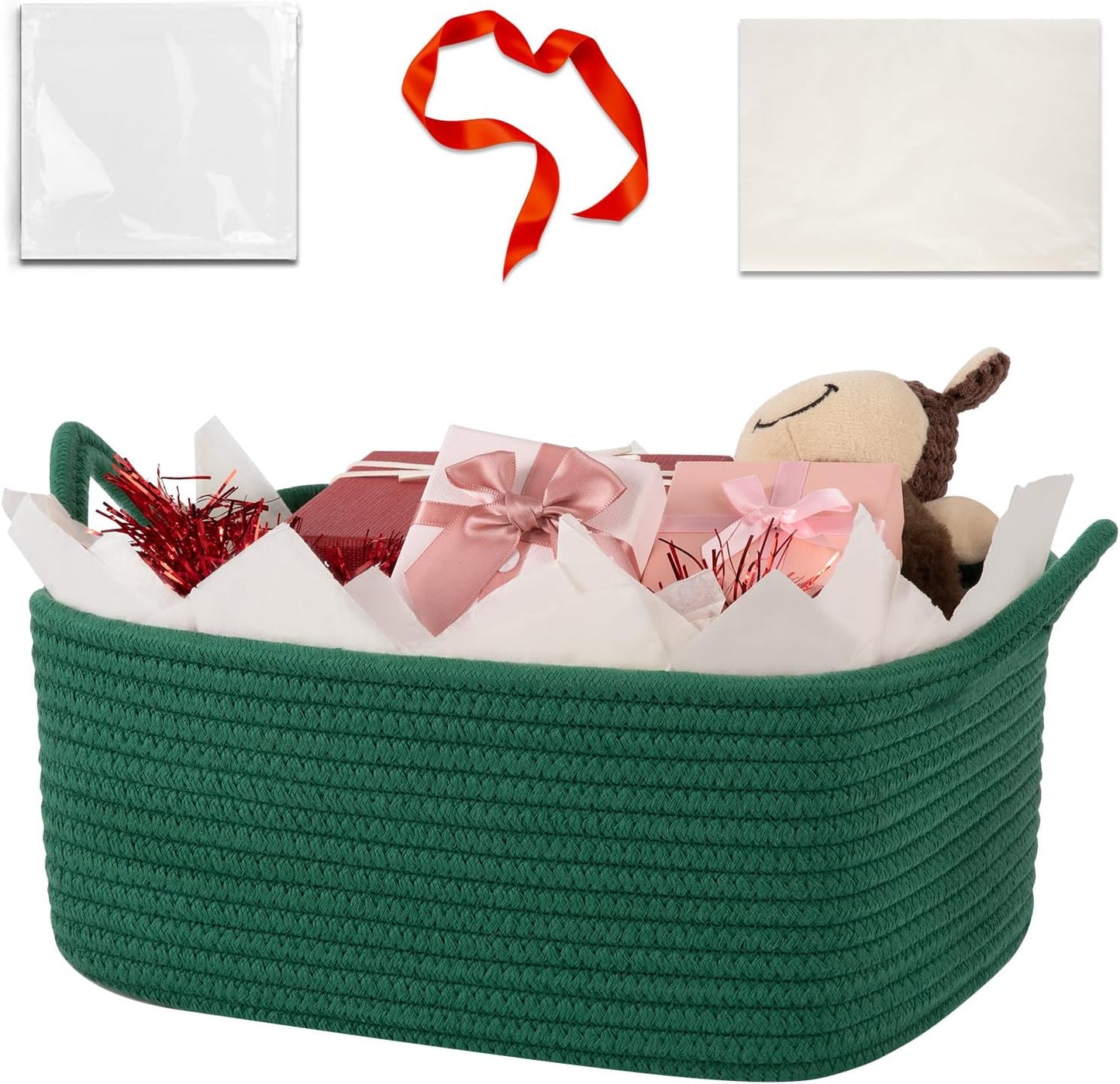 OIASKET Gift Basket Empty with Handle, Small Woven Baskets for Gifts Empty | 13.6"x10"x5.9", Baby Shower Toy Storage Baskets, Dog Toy Storage for Organizing, with Gift Bag Ribbon Tissue Paper