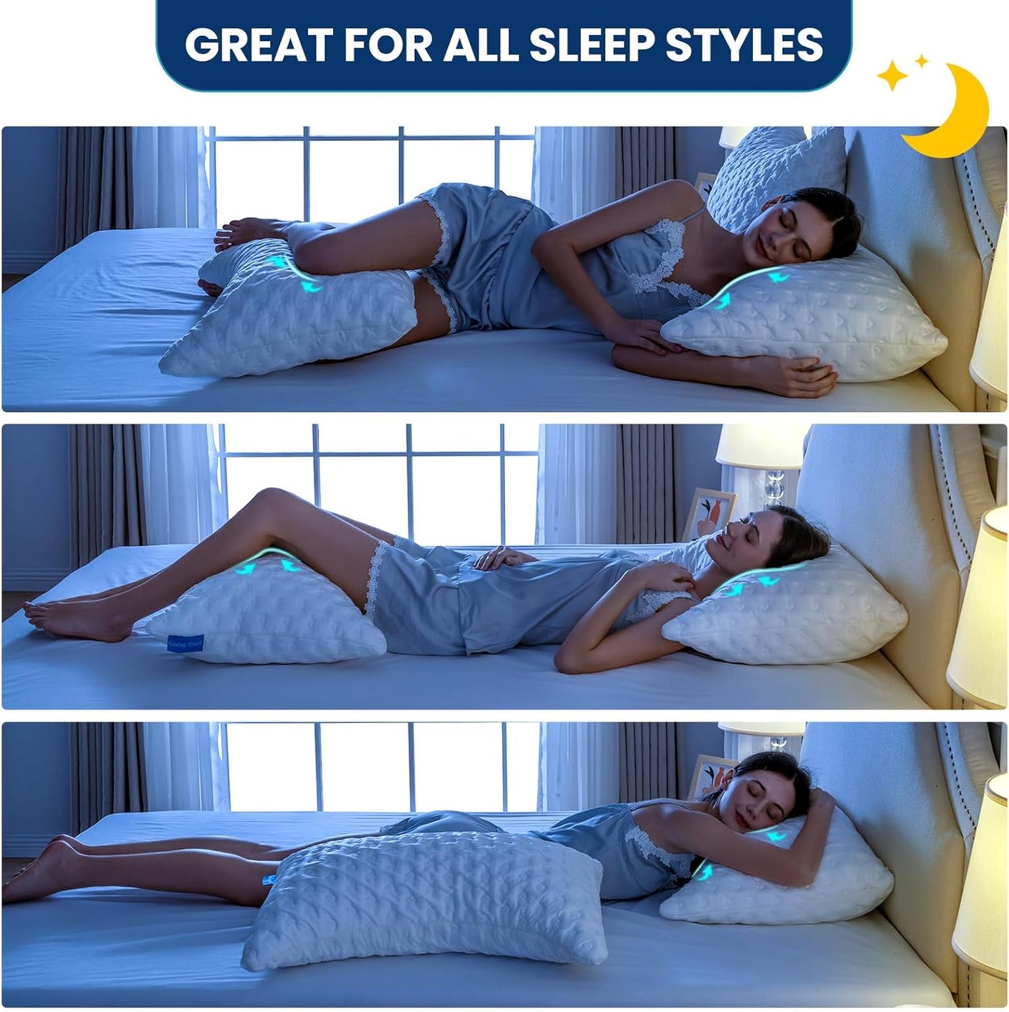 Side Sleeper Pillows for Neck & Shoulder Comfort - Ergonomic Curved Crescent Design, Adjustable Shredded Memory Foam, Cooling & Soft Cover, Extra Fill Included, Queen Size