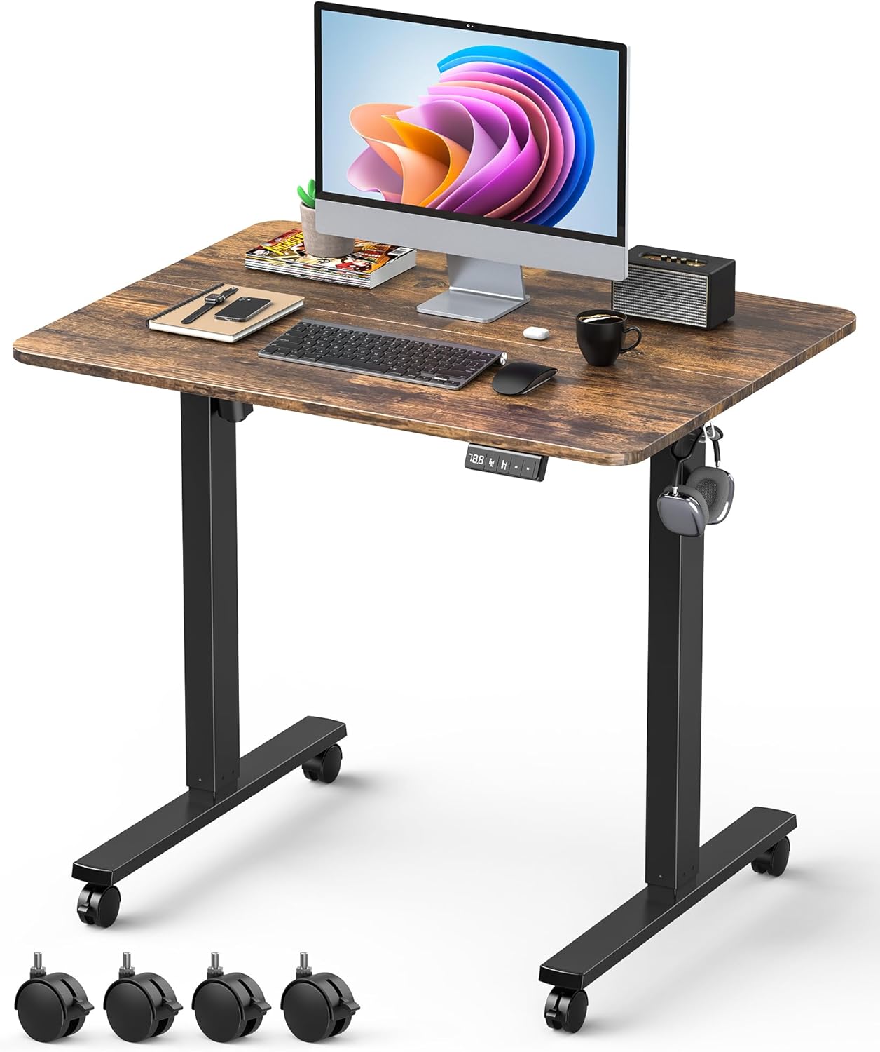 32" Small Electric Rolling Standing Desk Adjustable Height, Mobile Sit Stand up Desk with Lockable Casters for Home Office & Computer Workstation, Splice Board, 2 Hooks, Black Frame/Black Top