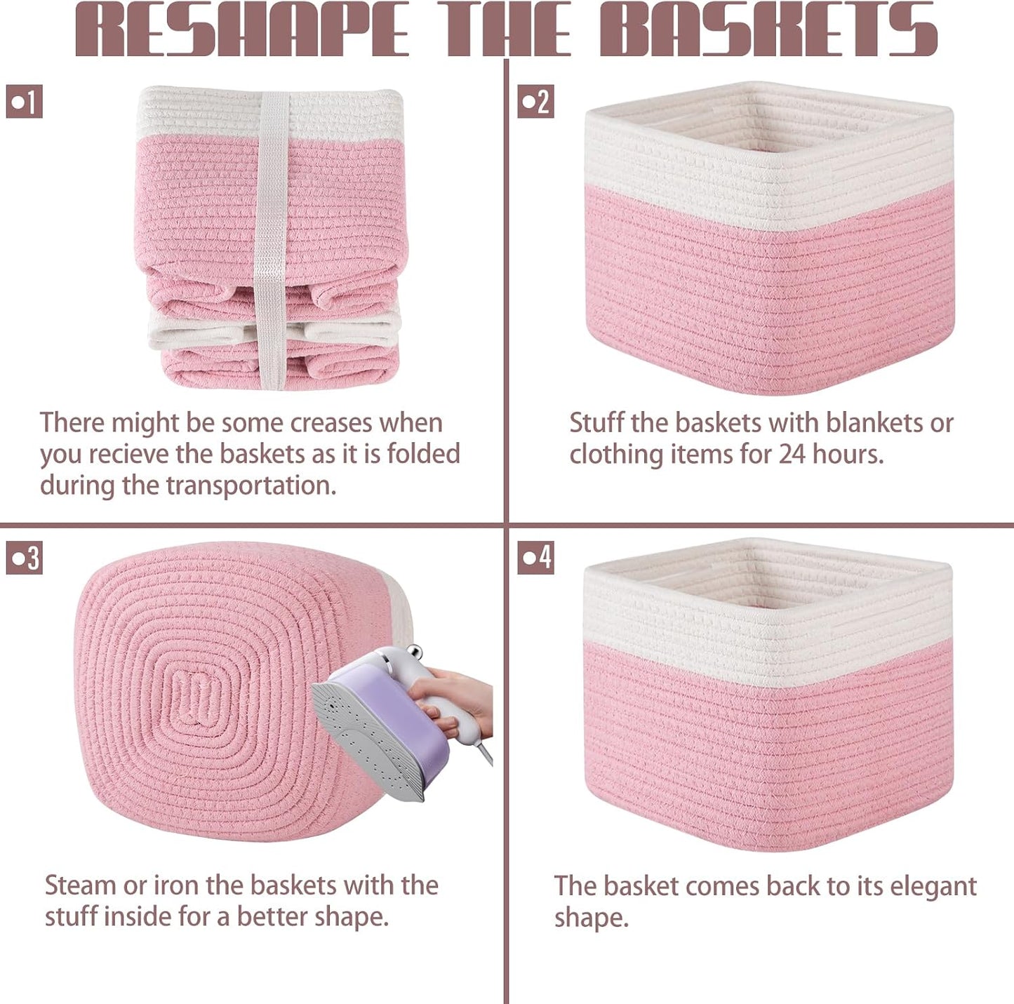 OIAHOMY 3 PACK Cube Storage Bins Storage Baskets Shelf Bins Pink&White | Storage Cubes Cotton Rope Woven Baskets for Organizing Basket for Gifts Storage Baskets for Shelves Cute Baskets