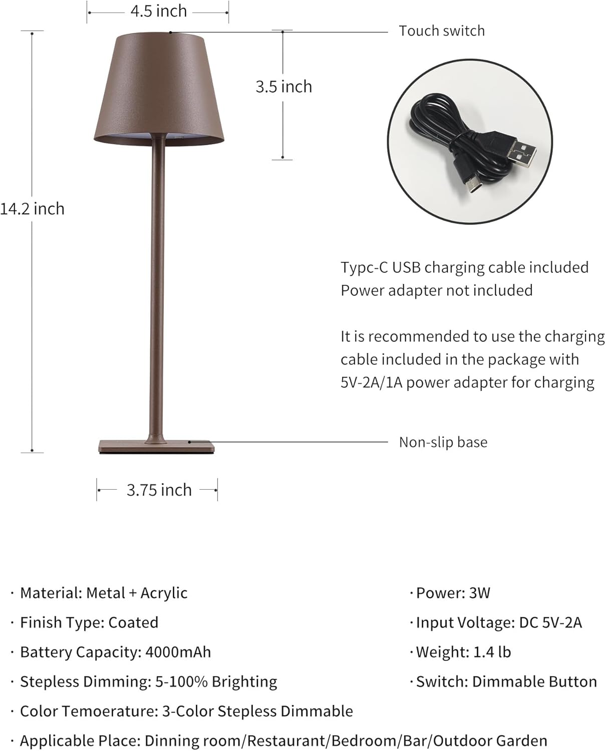 KDG 2 Pack Cordless Table Lamp,Portable LED Desk Lamp, 4000mAh Battery Operated, 3 Color Stepless Dimming Up, for Restaurant/Bedroom/Bars/Outdoor Party/Camping/Coffee Shop Night Light(Brown)