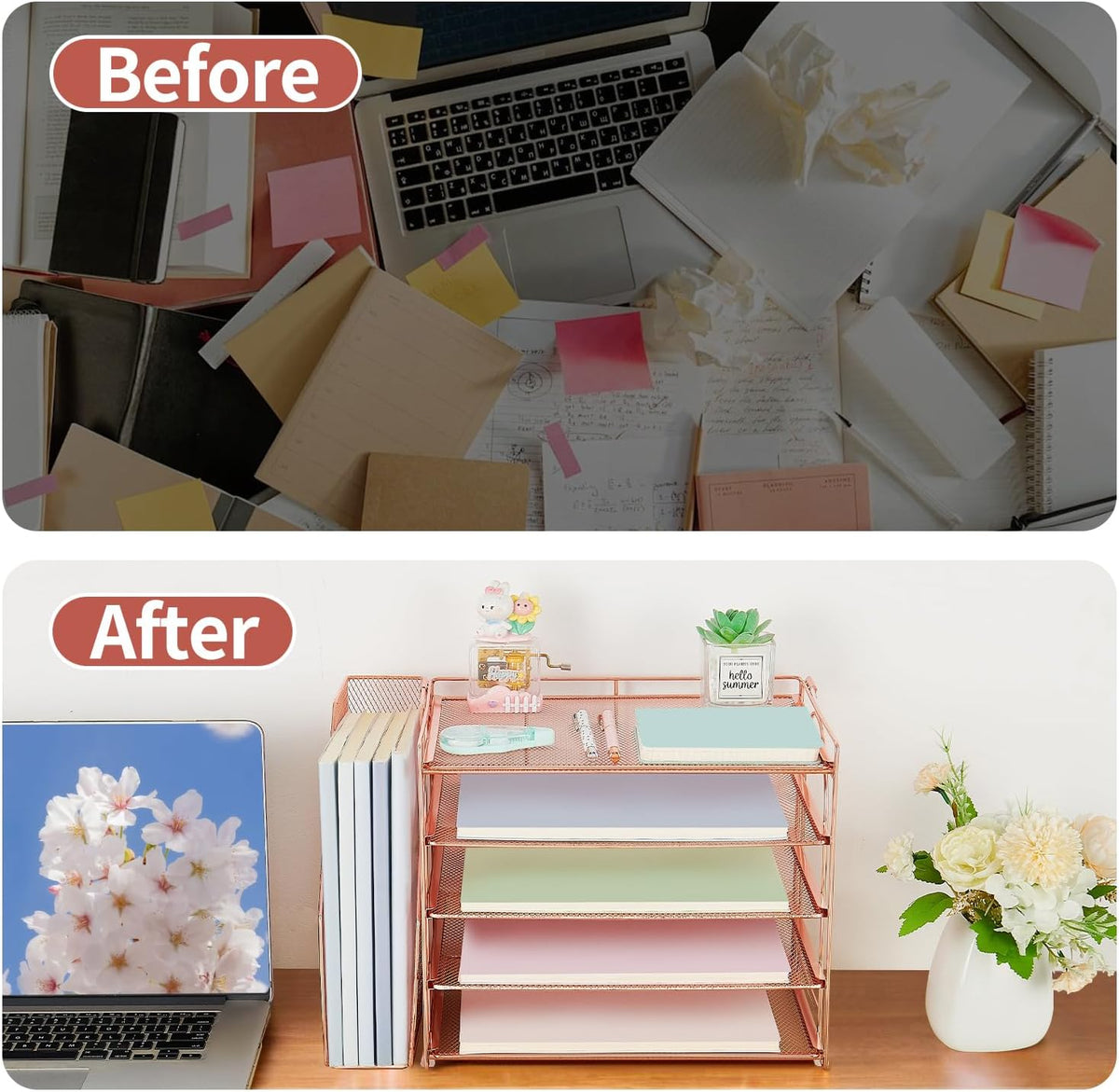AUPSEN Rose Gold Desk Organizers and Accessories, 5-Tier Desktop Paper File Organizer with Removable File Holder, Desk Accessories & Workspace Organization for Home Office Supplies (Rose Gold)