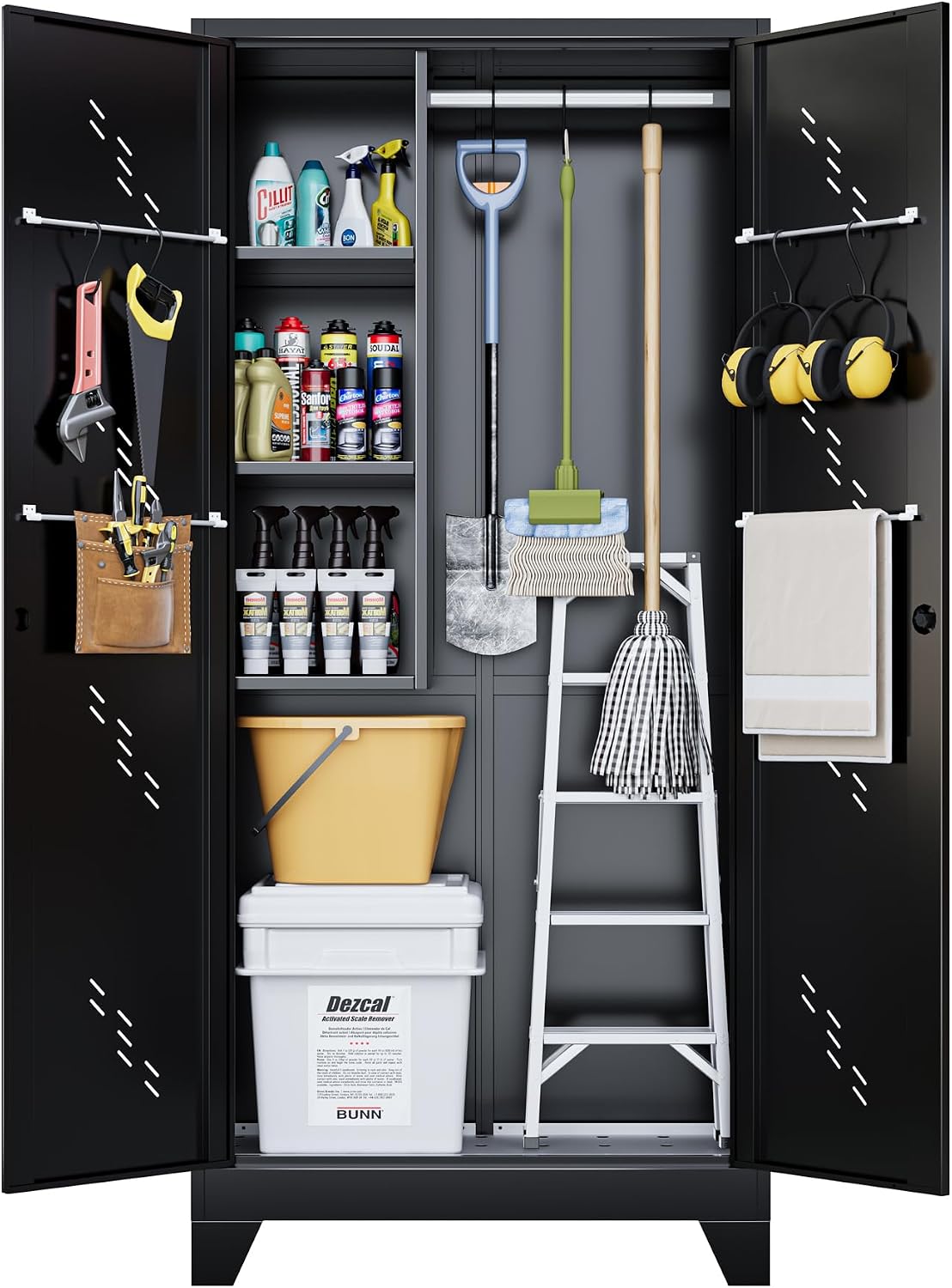 OSEILLC Metal Storage Cabinet with Locking Doors, 75" Tall Garage Cabinet with Hanging Rod, Broom Closet/Freestanding Bathroom Storage Cabinet, Cleaning Tool Storage