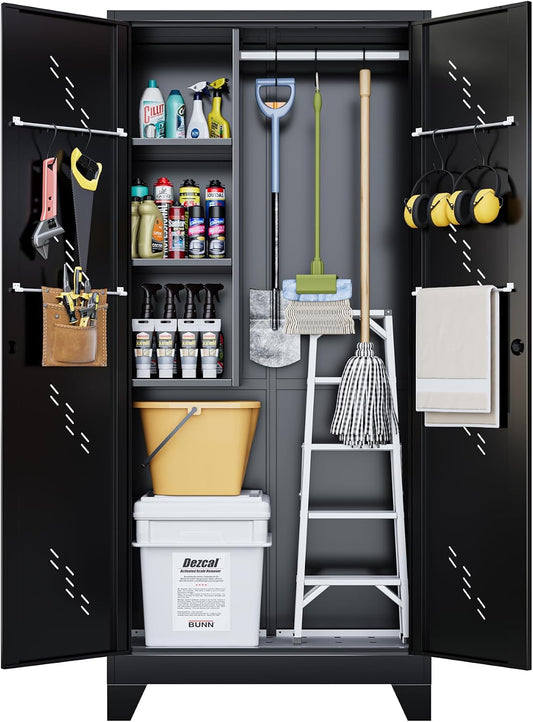 OSEILLC Metal Storage Cabinet with Locking Doors, 75" Tall Garage Cabinet with Hanging Rod, Broom Closet/Freestanding Bathroom Storage Cabinet, Cleaning Tool Storage