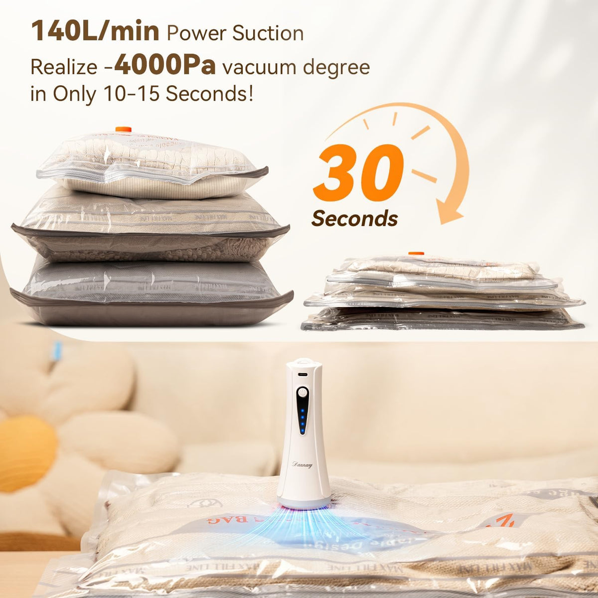 Vacuum Storage Bags for Travel with Rechargeable Air Pump, 12 Pack Space Saver Bags for Clothing, Luggage & Suitcase Compression, Efficient & Portable Storage Solution for Travel Essentials