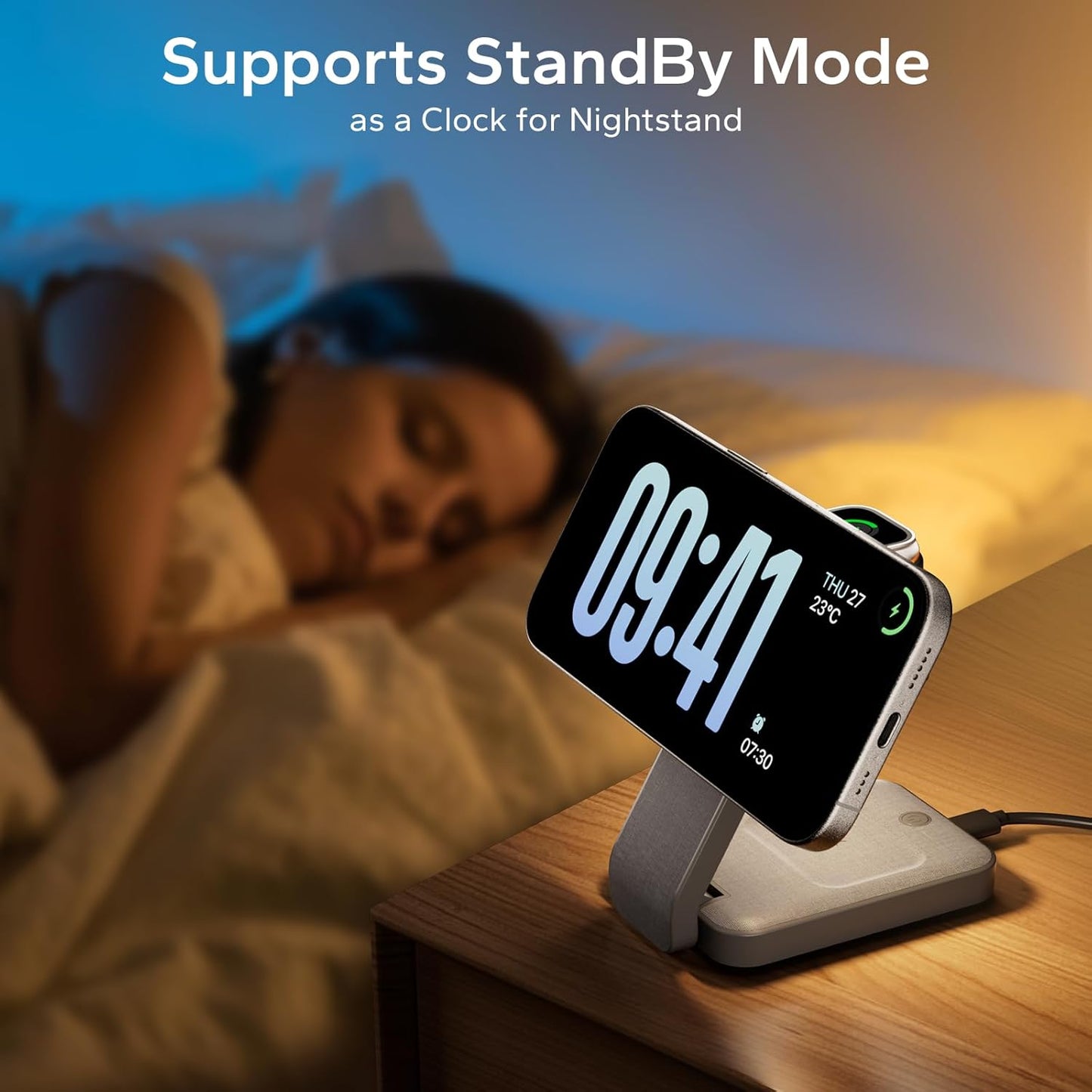 Eazpower 3 in 1 Foldable Wireless Charging Station for MagSafe, Nightstand Magnetic Charger Stand for iPhone 17 16 15 14 Pro Max, Travel Charging Dock with Night Light for Apple Watch/AirPods (Gray)