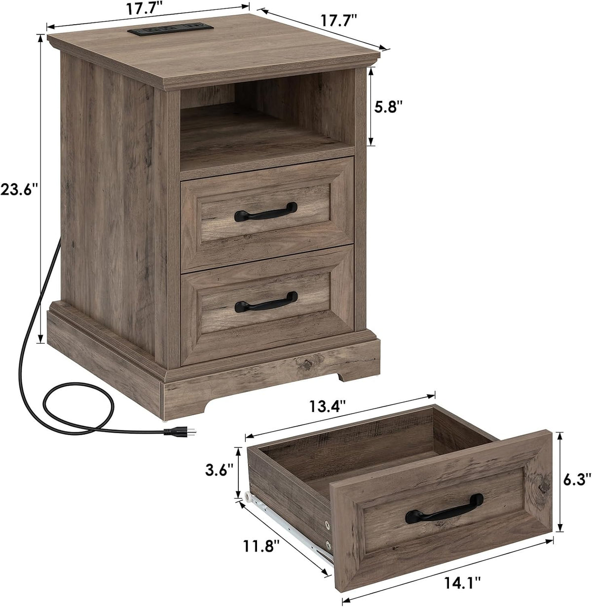 HOMMPA Farmhouse Nightstand w/Charging Station, Open Shelf 23.6''H Greige