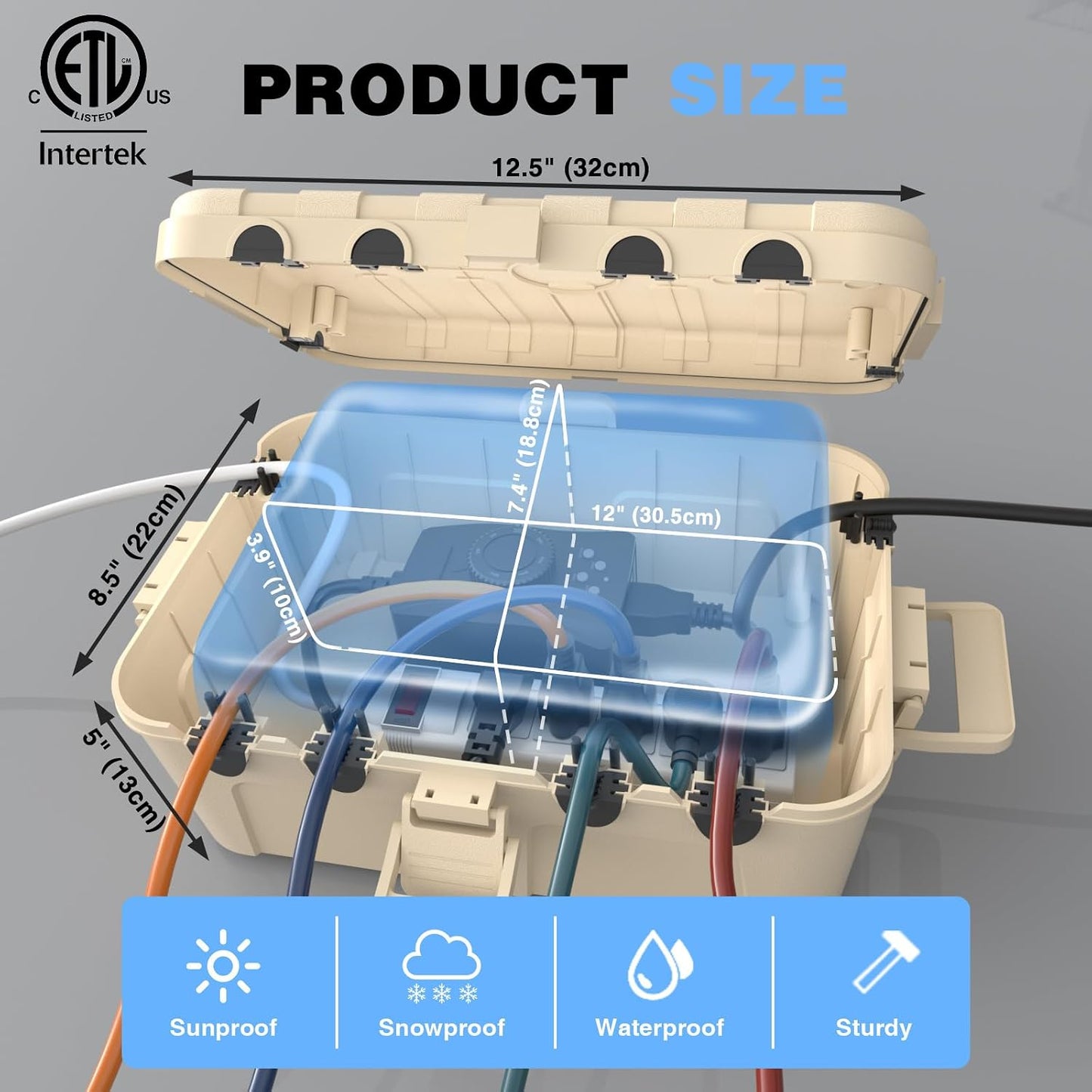 Flemoon Large Outdoor Electrical Box, Waterproof Extension Cord Cover | Inner Size 12 x 7.4 x 3.9Inch, 6 Cable Entry Ports, IP54 Weatherproof Connection Box for Outlet, Timer, Holiday Light, Alomnd